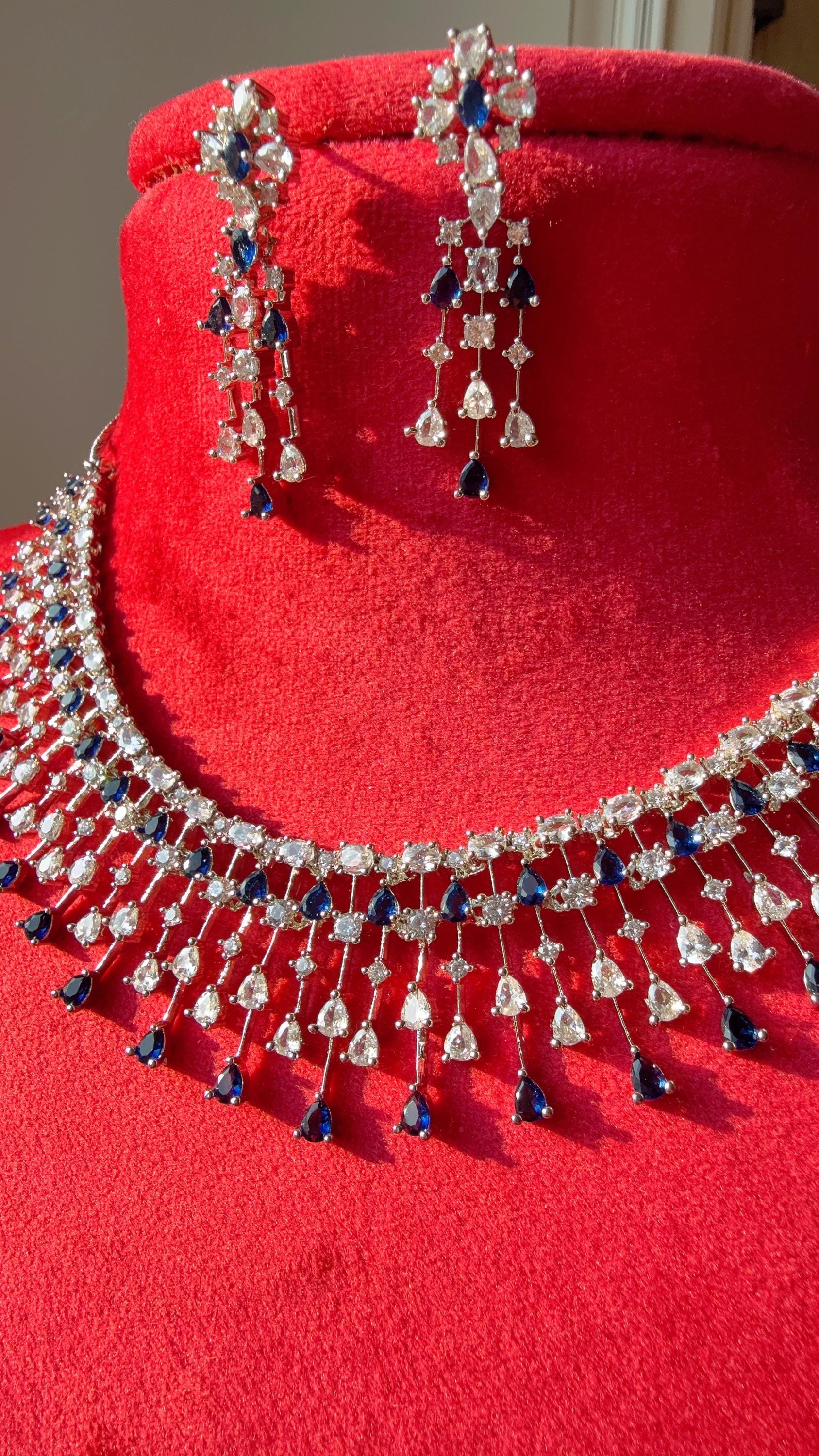 Rain Diamond Necklace blue sapphire Rhodium plating /Indian jewelry/ CZ Choker/Bridal choker/Diamond choker/ Indian Necklace
