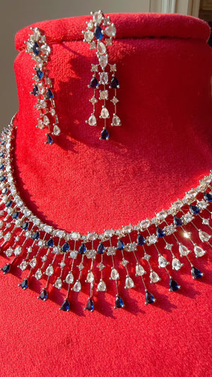 Rain Diamond Necklace blue sapphire Rhodium plating /Indian jewelry/ CZ Choker/Bridal choker/Diamond choker/ Indian Necklace