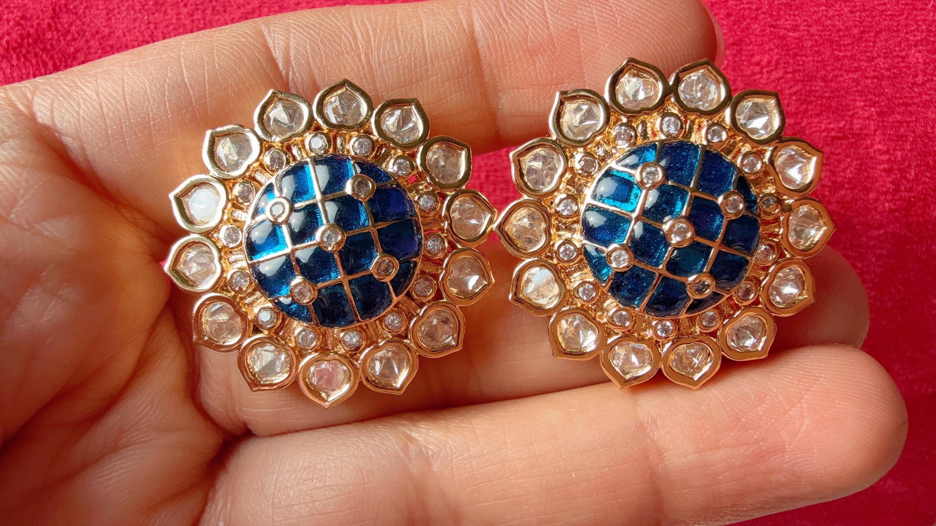 Blue sapphire Moissanite stud Earrings/Moissanite diamond Kundan Studs /Indian Jewelry /Statement Stud Earring/