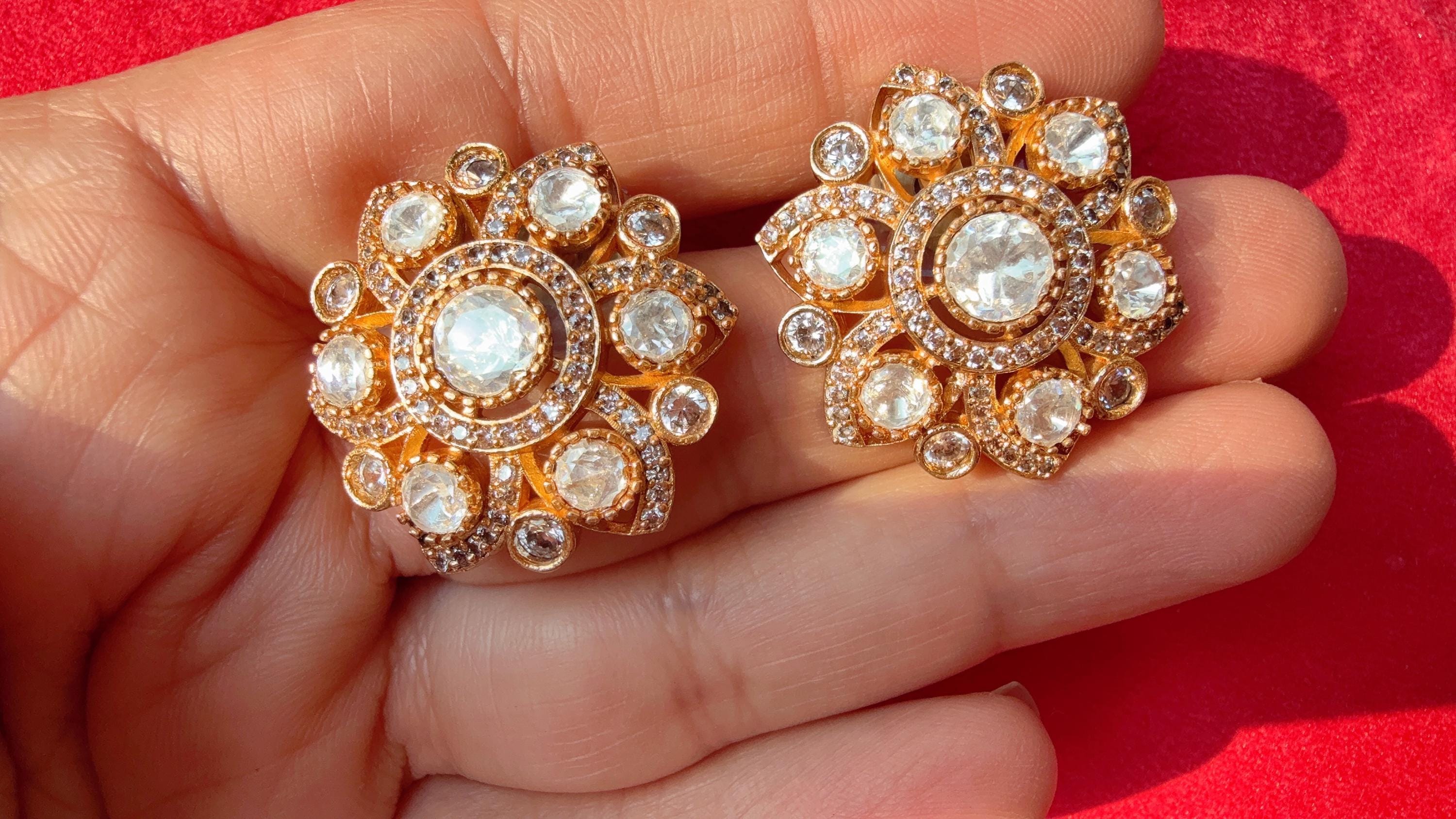 Moissanite diamond Kundan Studs /Indian Jewelry /Statement Stud Earring/Kundan Stud Earrings/Cz Studs/Flower Diamond Studs