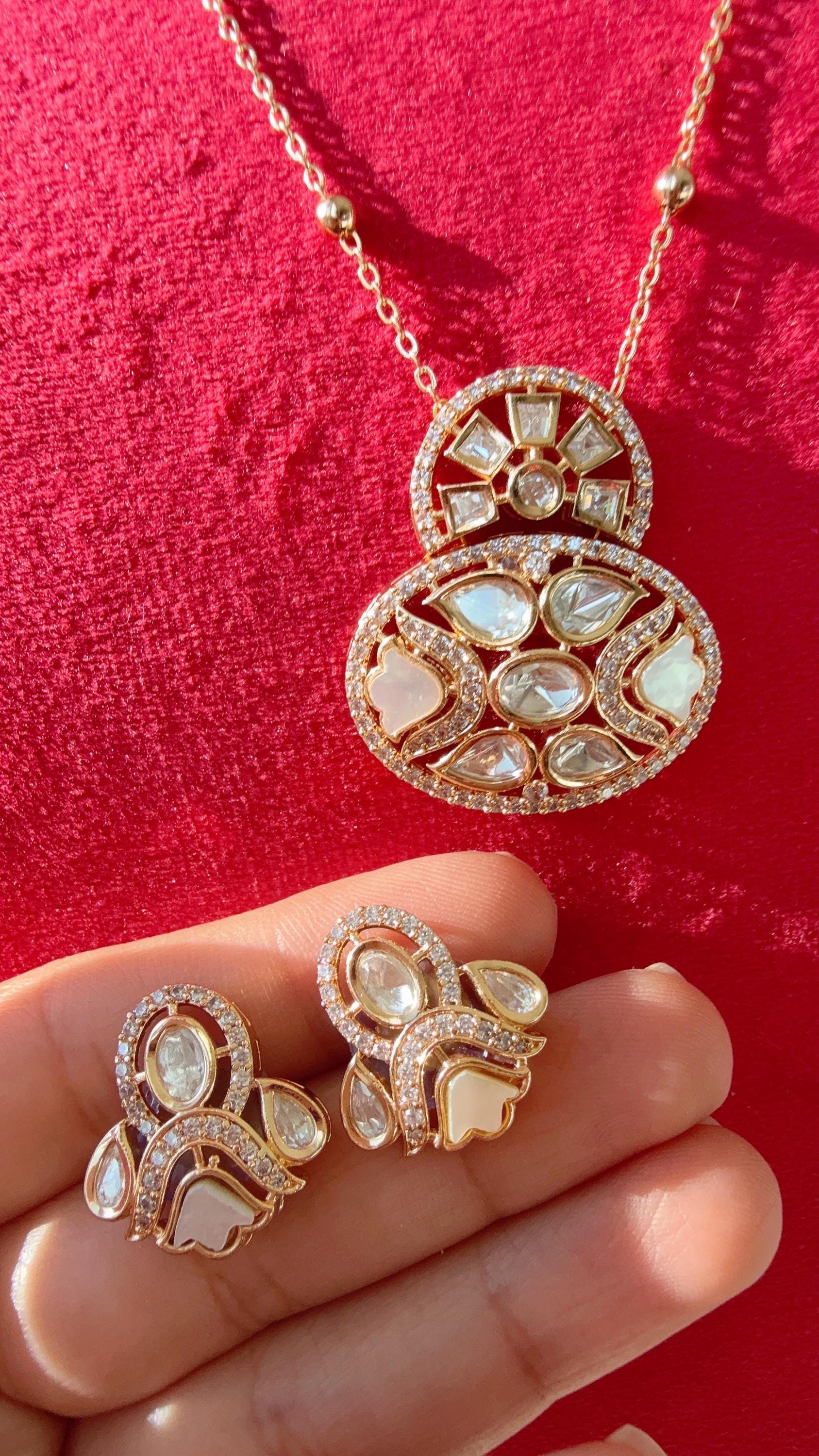 Moissanite chain pendant necklace Set/diamond pendant set / Indian wedding Jewelry/Moissanite Kundan Jewelry