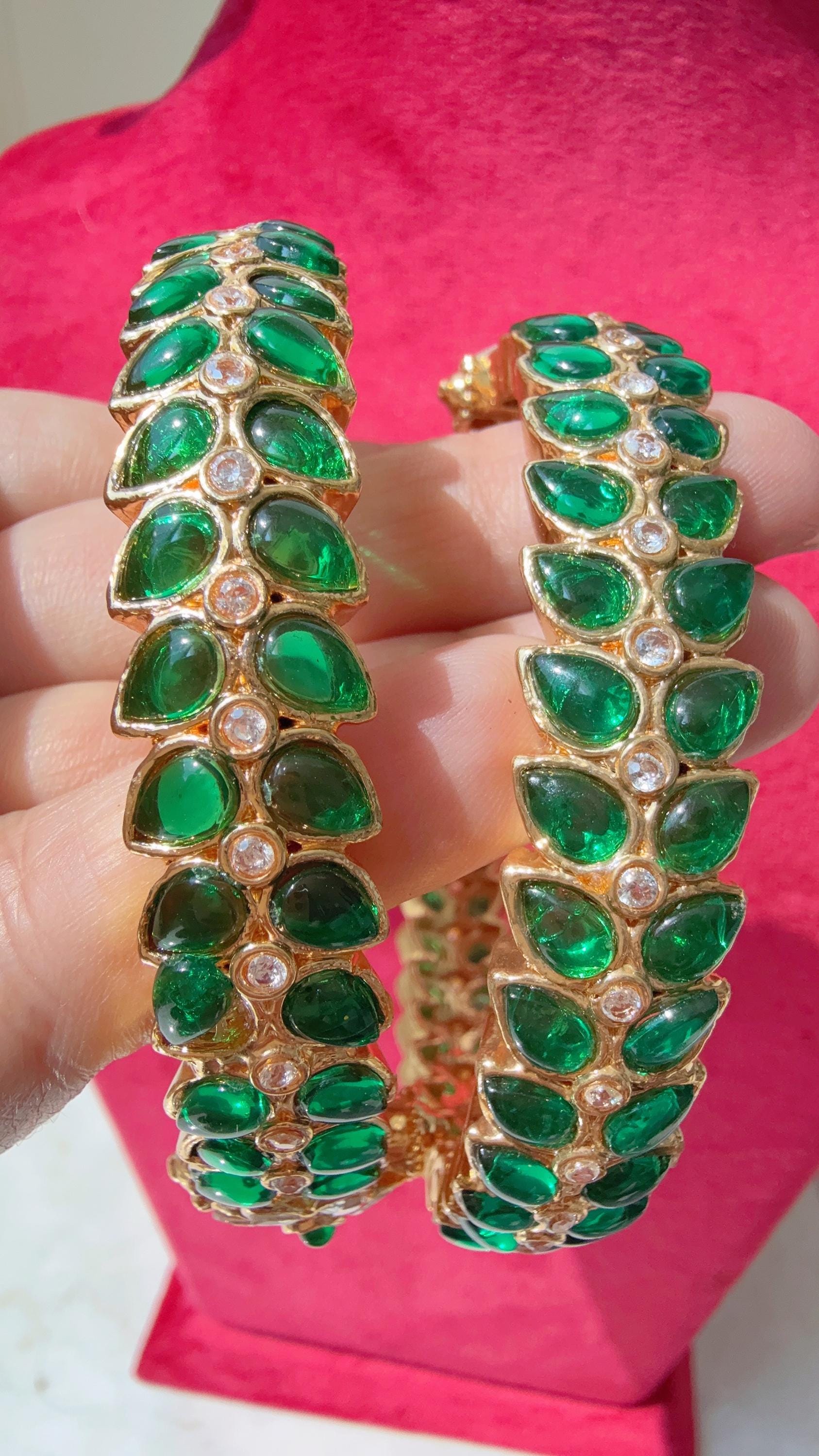 Kemp green Openable Gold kada /Antique gold Kada/Kundan bridal bangles set/Green Kada/Indian bangles Bracelets