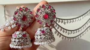 Silver polki Kundan bahubali Ruby silver Earrings Set With detachable Earchain Sahare /Ruby Jhumka Polki Earrings / Indian Jewelry
