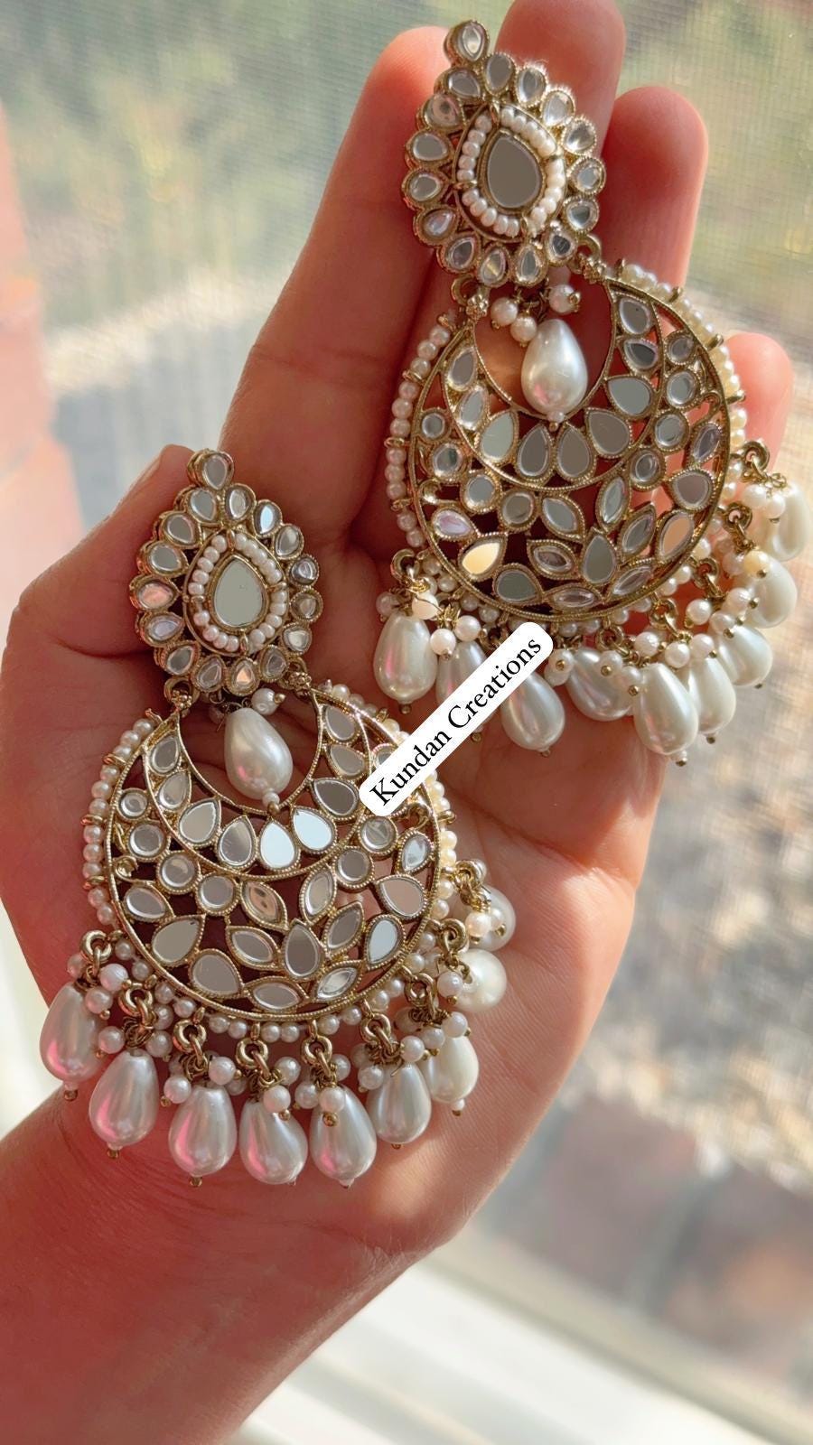 Mirror chandbali earrings/Kundan Earrings /Statement earrings /Bridal earrings/Pearl drop earrings/Mirror Jhumka /Bridesmaid Earrings