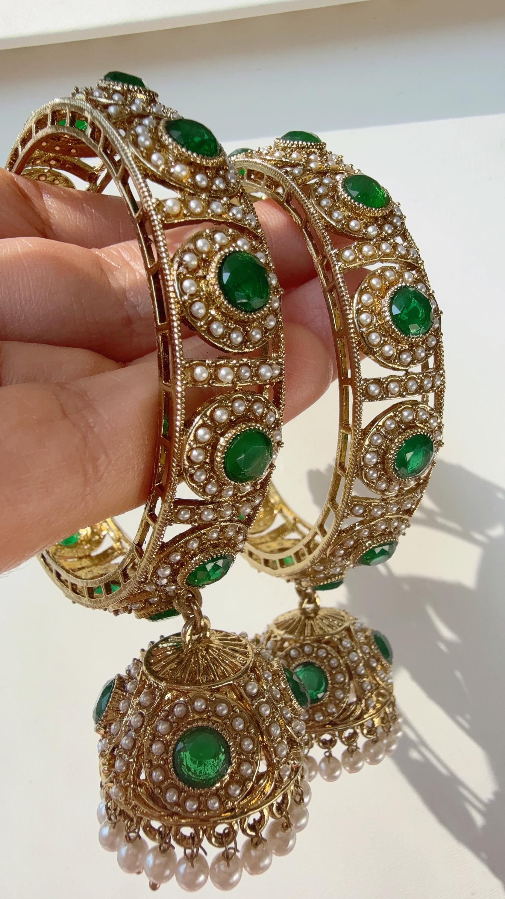 Green Antique polki kundan jhumka kada pair /Green kundan kada Bangle set/ Wedding Bangles/Green kada bangles/Indian jewelry