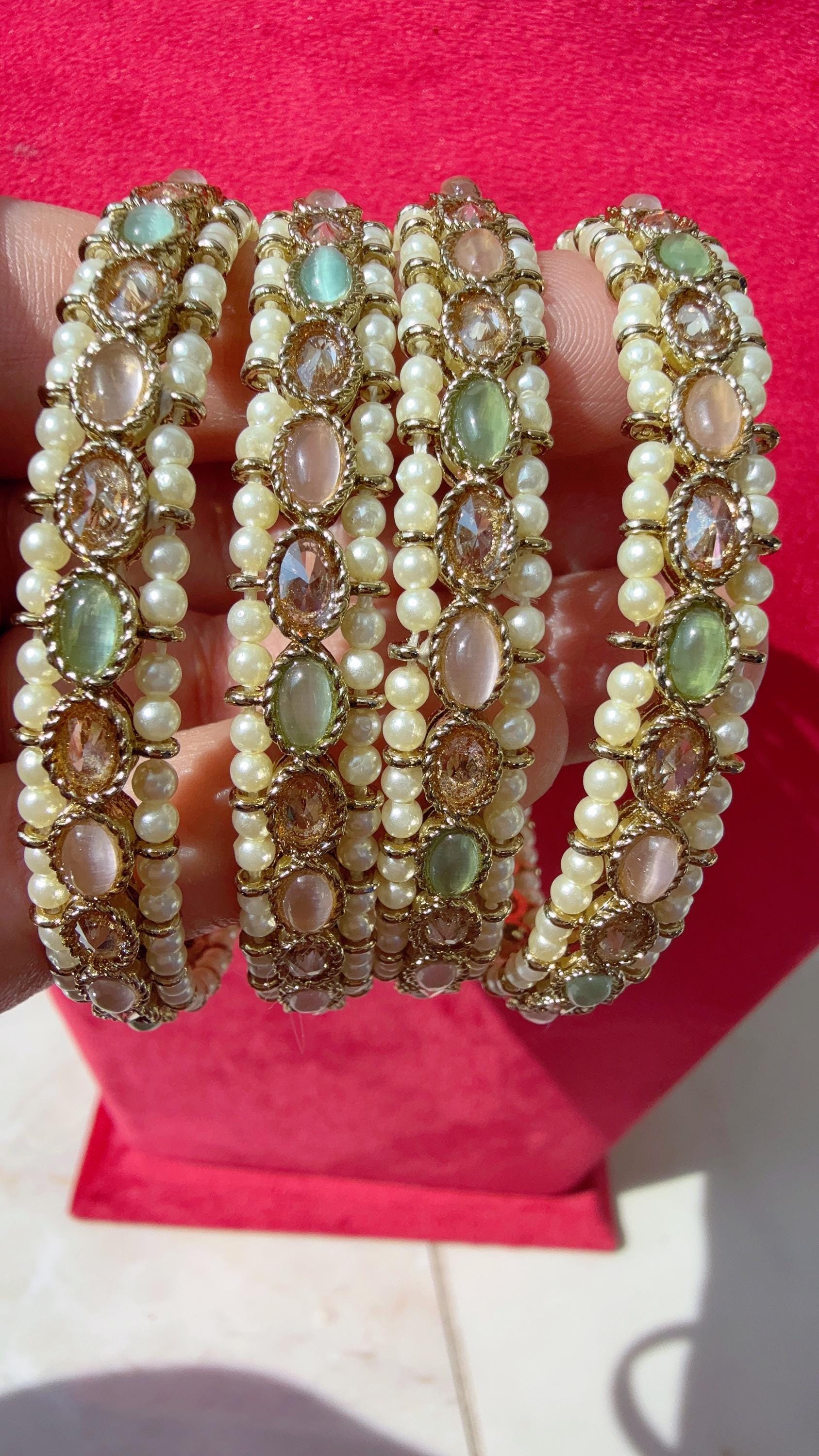 Mint pink Kundan Bangles/Polki Kundan Pearl Bangles Set(4 Pc) /Indian Jewelry/ mint pink Kundan Bangles/Mint pink bangles/Indian Bangles
