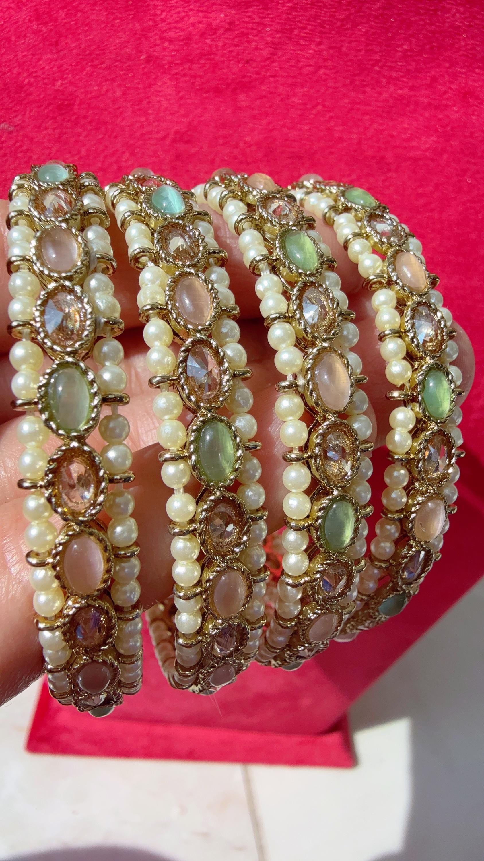Mint pink Kundan Bangles/Polki Kundan Pearl Bangles Set(4 Pc) /Indian Jewelry/ mint pink Kundan Bangles/Mint pink bangles/Indian Bangles