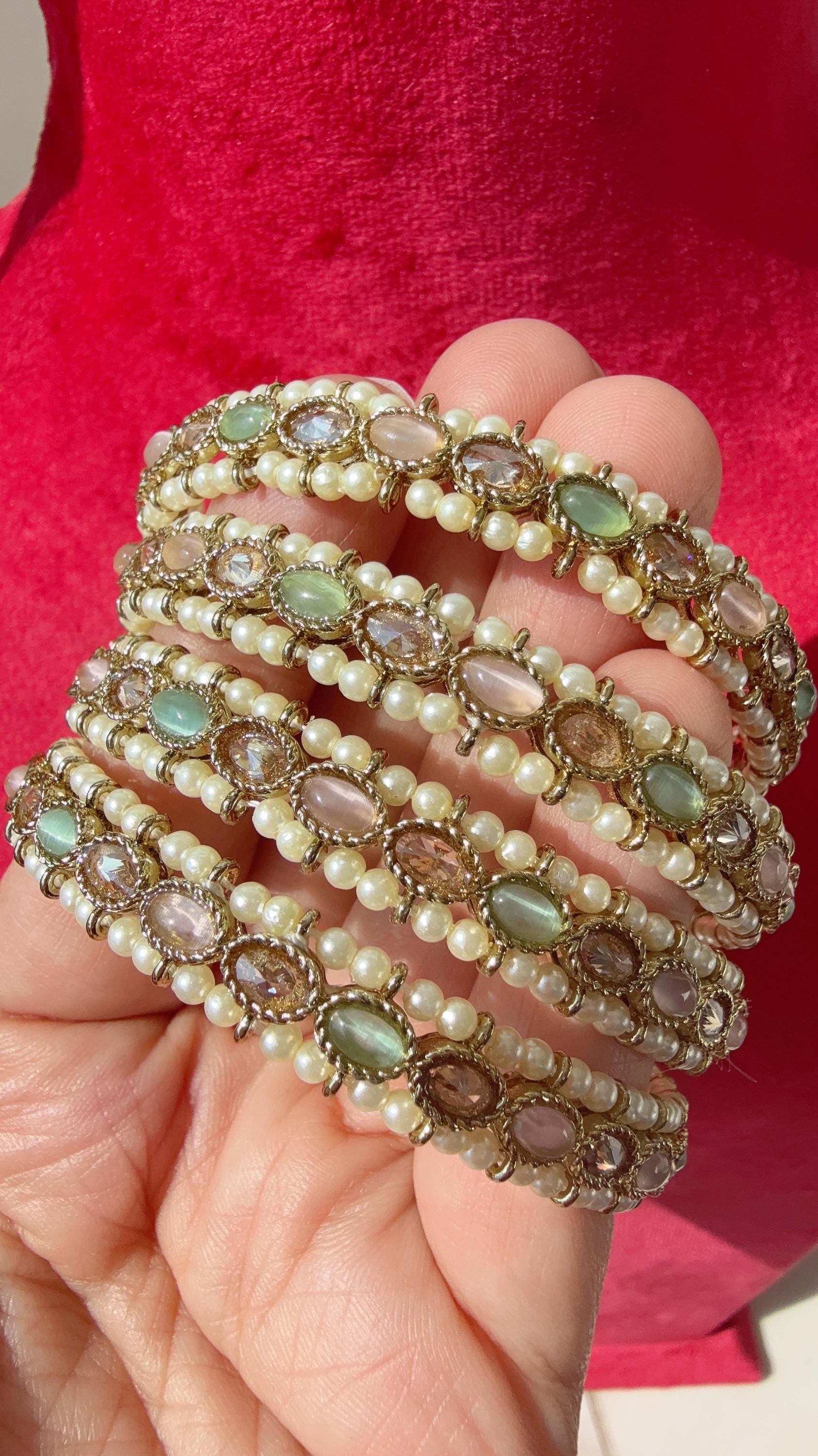 Mint pink Kundan Bangles/Polki Kundan Pearl Bangles Set(4 Pc) /Indian Jewelry/ mint pink Kundan Bangles/Mint pink bangles/Indian Bangles