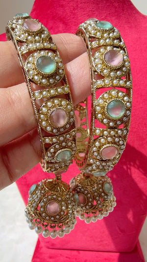 Antique polki kundan Mint baby pink jhumka kada pair / kada Bangle set/ Wedding Bangles/Mix n Match bangles/Indian jewelry