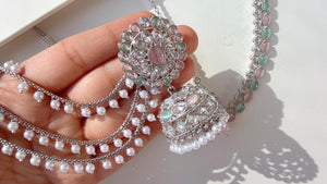 Mint pink polki kundan necklace n Tikka set /silver polki Kundan bahubali t Earrings Set With detachable Ear chain Sahare