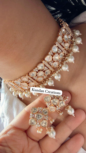 Bridal Kundan Jewelry Moissanite choker necklace stud set/Polki Kundan Stone Necklace / Indian Bridal Jewelry/Indian Wedding jewelry