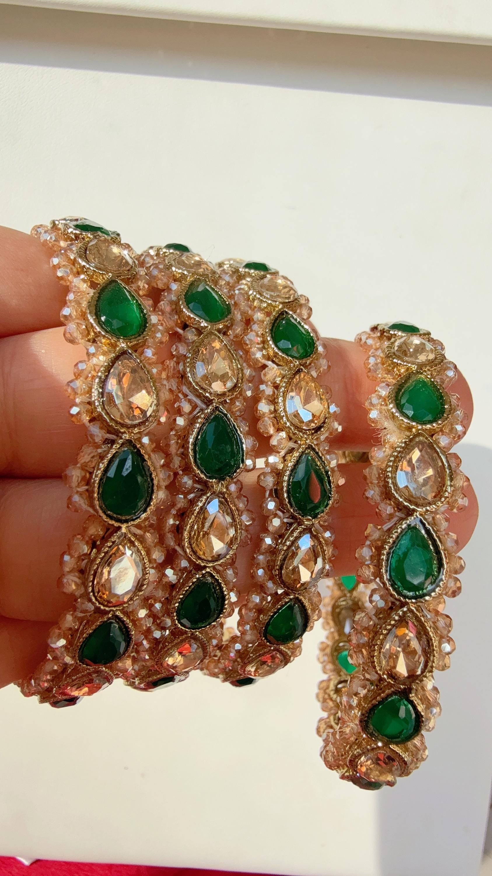 Green Kundan Bangles/Polki Kundan Pearl Bangles Set(4 Pc) /Indian Jewelry/ mint pink Kundan Bangles/Green bangles/Indian Bangles