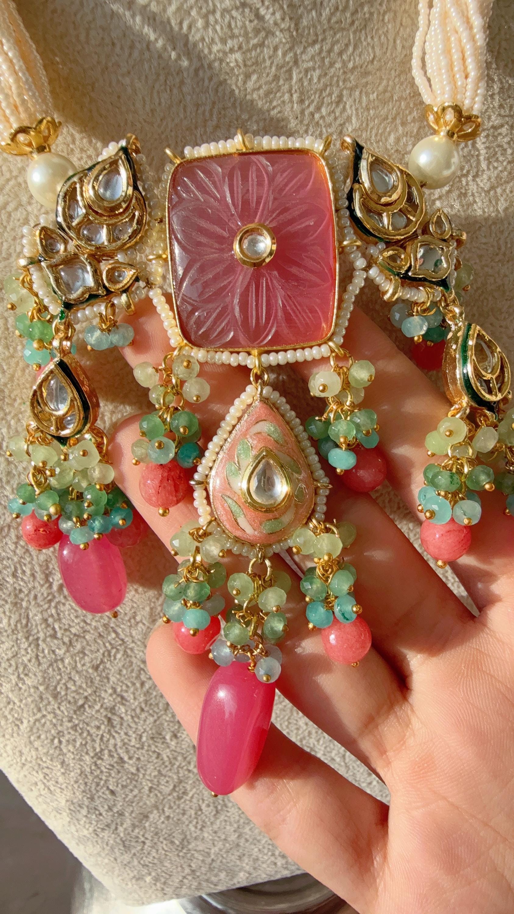 Uncut Polki Diamond Choker Moissanite Polki Necklace Sabyasachi inspired Jewelry Set/Polki Kundan Mint pink Necklace with earrings Tikka