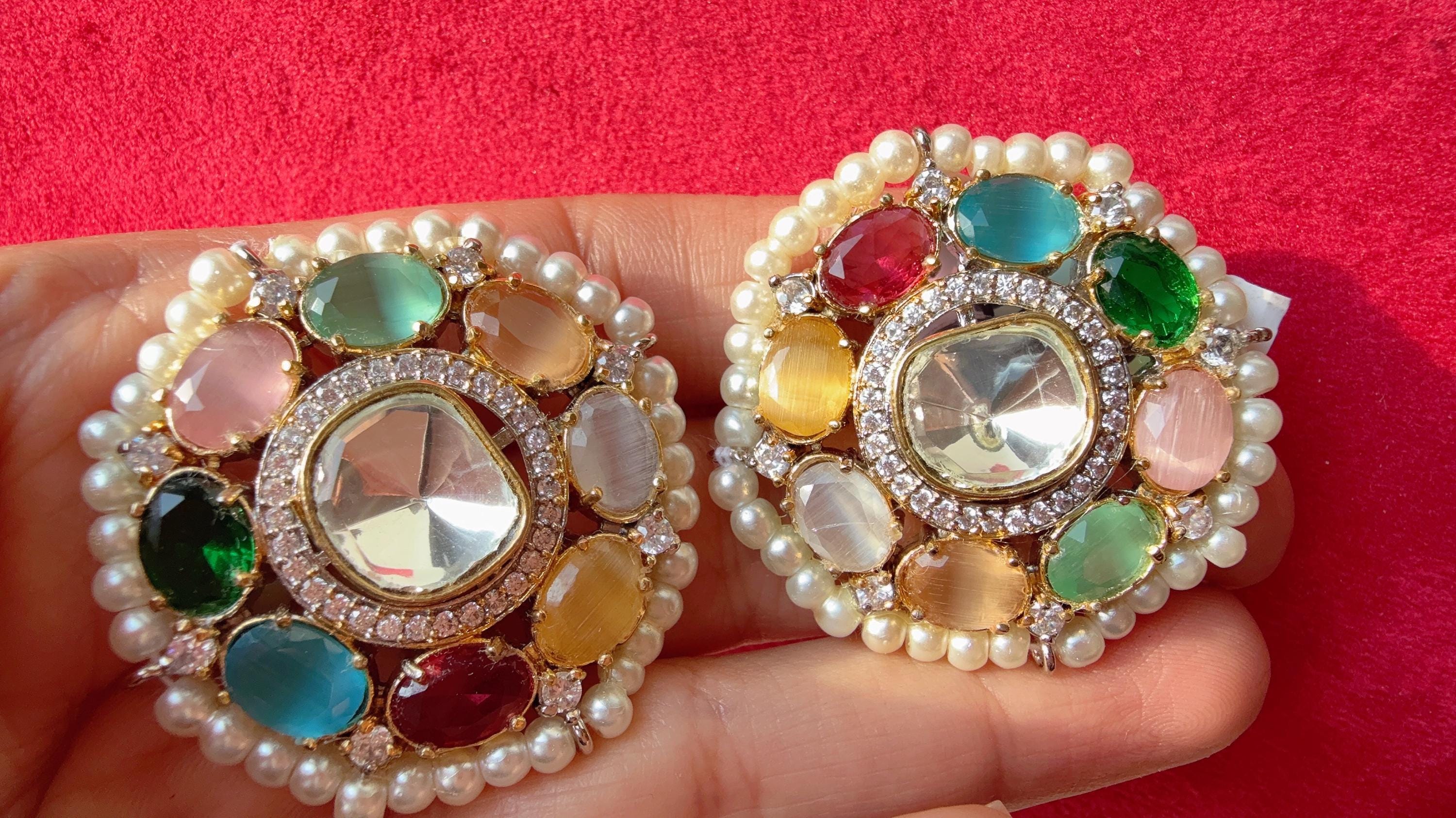 Multi Uncut Kundan Stud Diamond Earrings /Indian Studs/Indian Jewelry/Navratan Studs/Statement Stud Earring/Kundan Stud Earrings