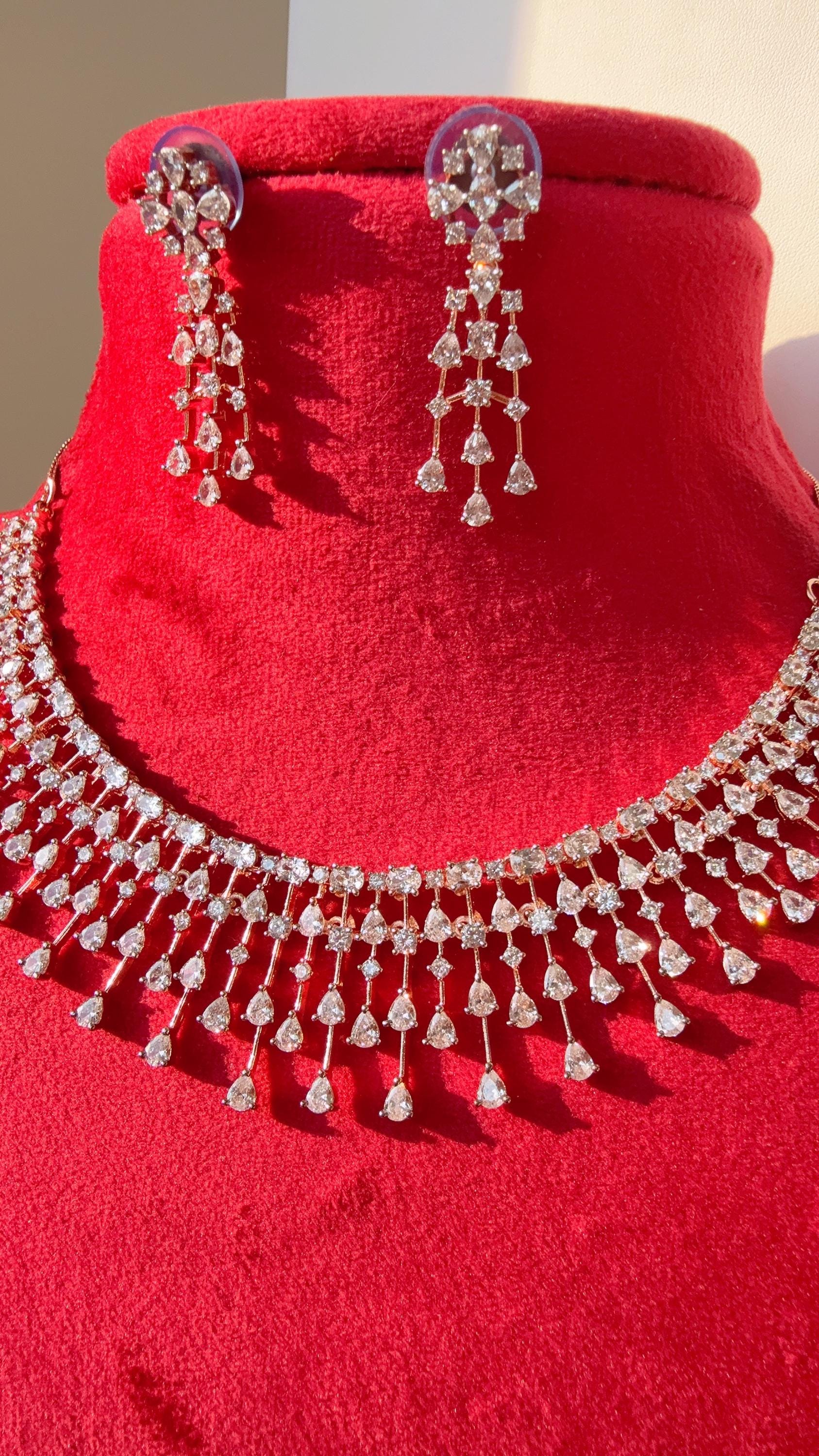 Rain Diamond Necklace Rose gold /Indian jewelry/ CZ Choker/Bridal choker/Diamond choker/ Indian Necklace/Rose diamond choker
