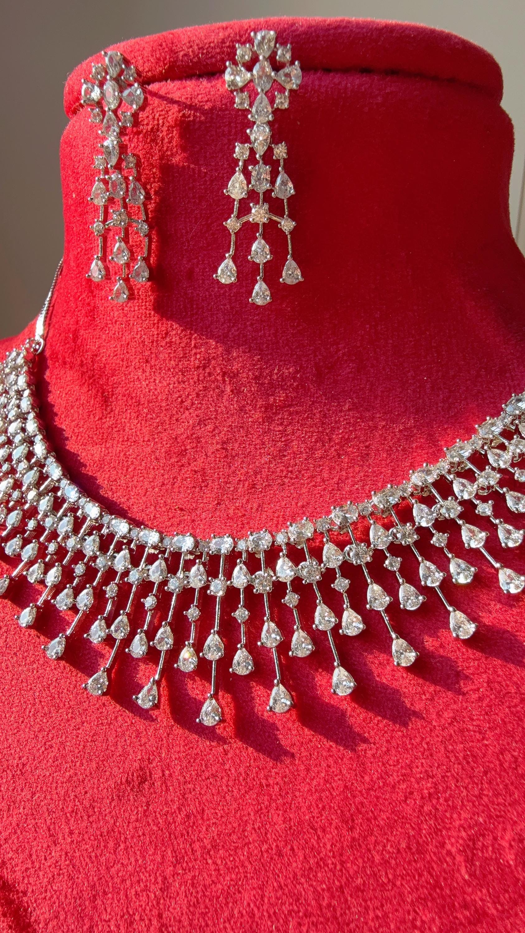 Rain Diamond Necklace Rhodium plating /Indian jewelry/ CZ Choker/Bridal choker/Diamond choker/ Indian Necklace/Silver diamond choker