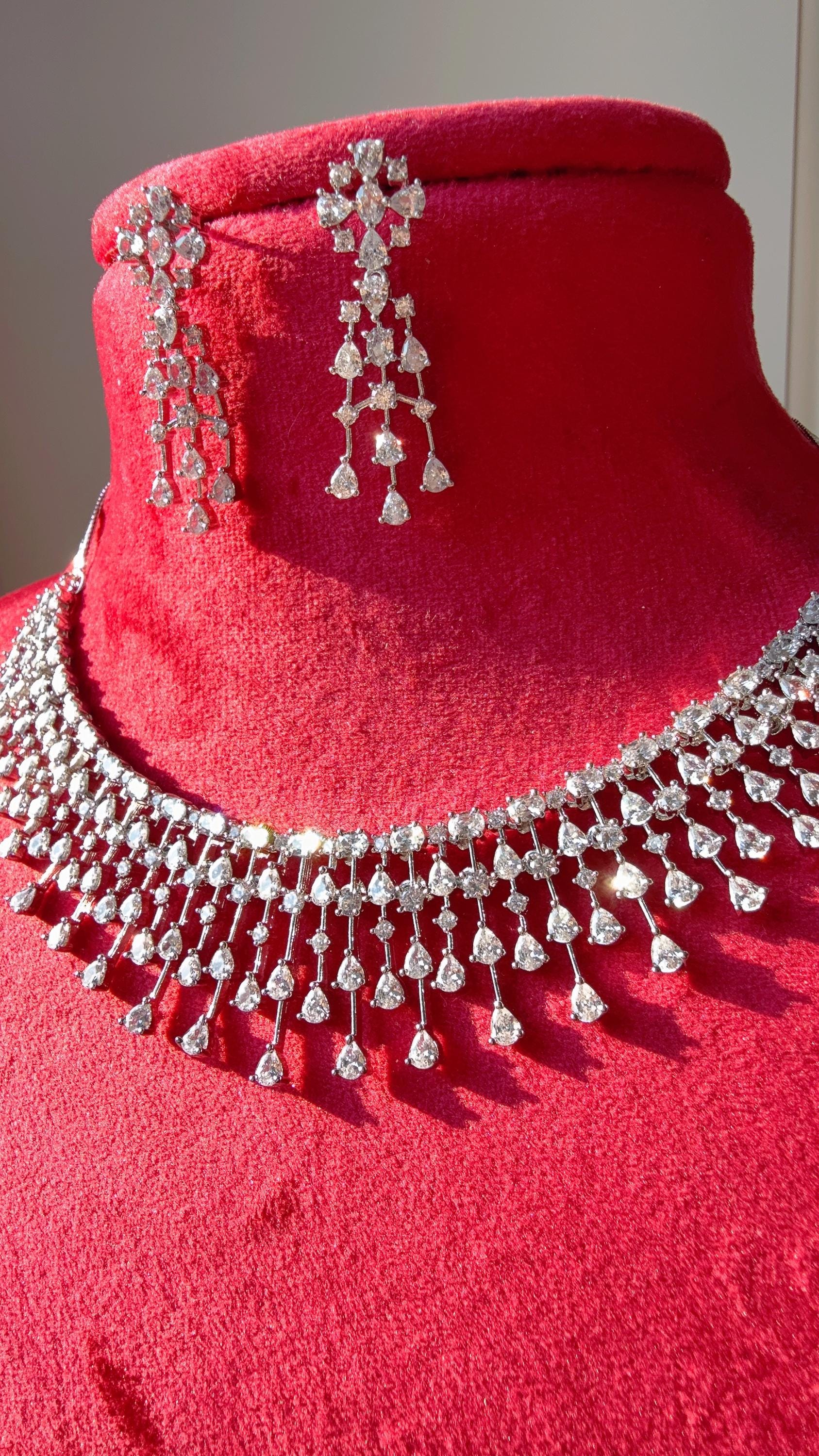 Rain Diamond Necklace Rhodium plating /Indian jewelry/ CZ Choker/Bridal choker/Diamond choker/ Indian Necklace/Silver diamond choker