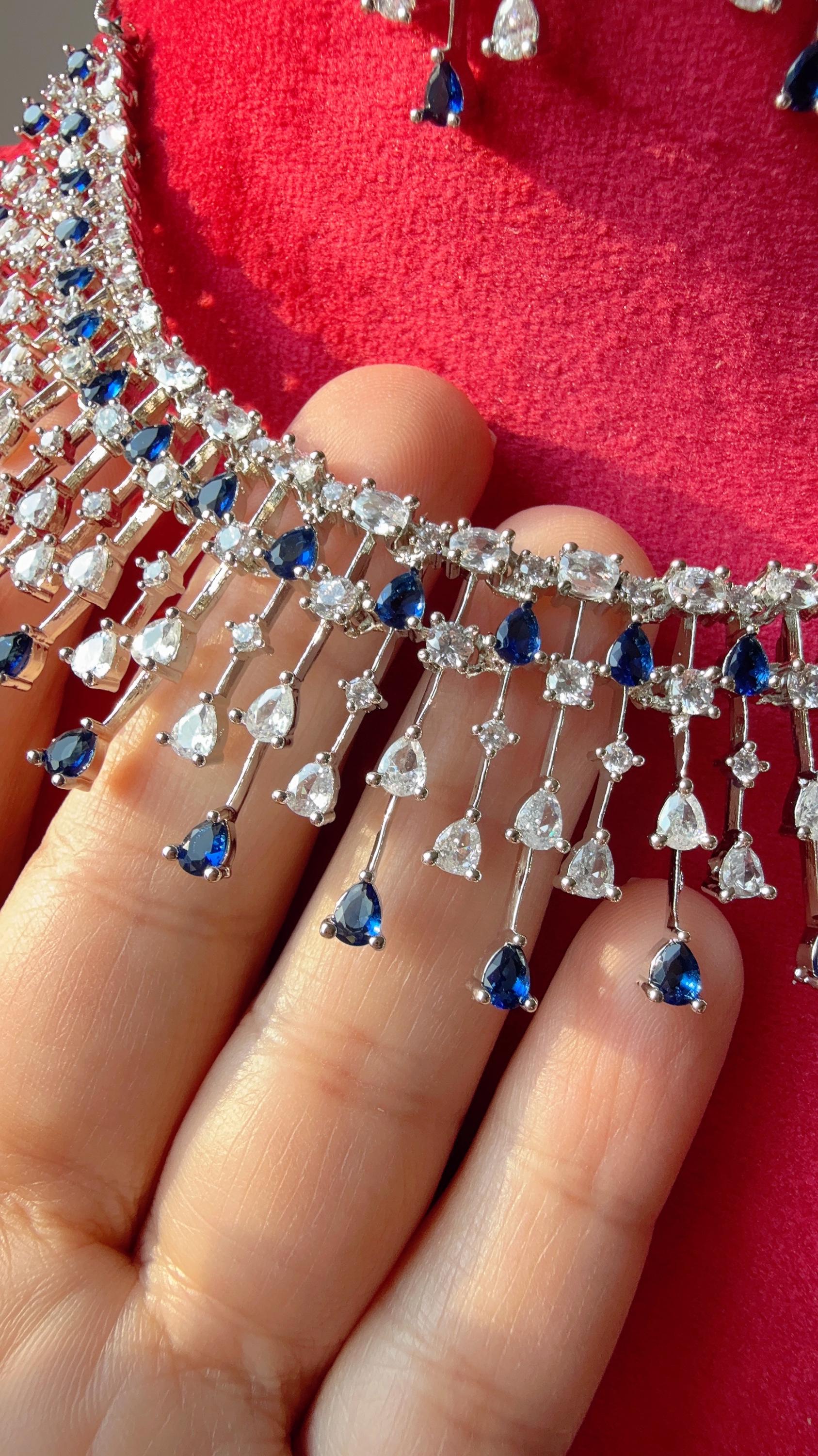 Rain Diamond Necklace blue sapphire Rhodium plating /Indian jewelry/ CZ Choker/Bridal choker/Diamond choker/ Indian Necklace
