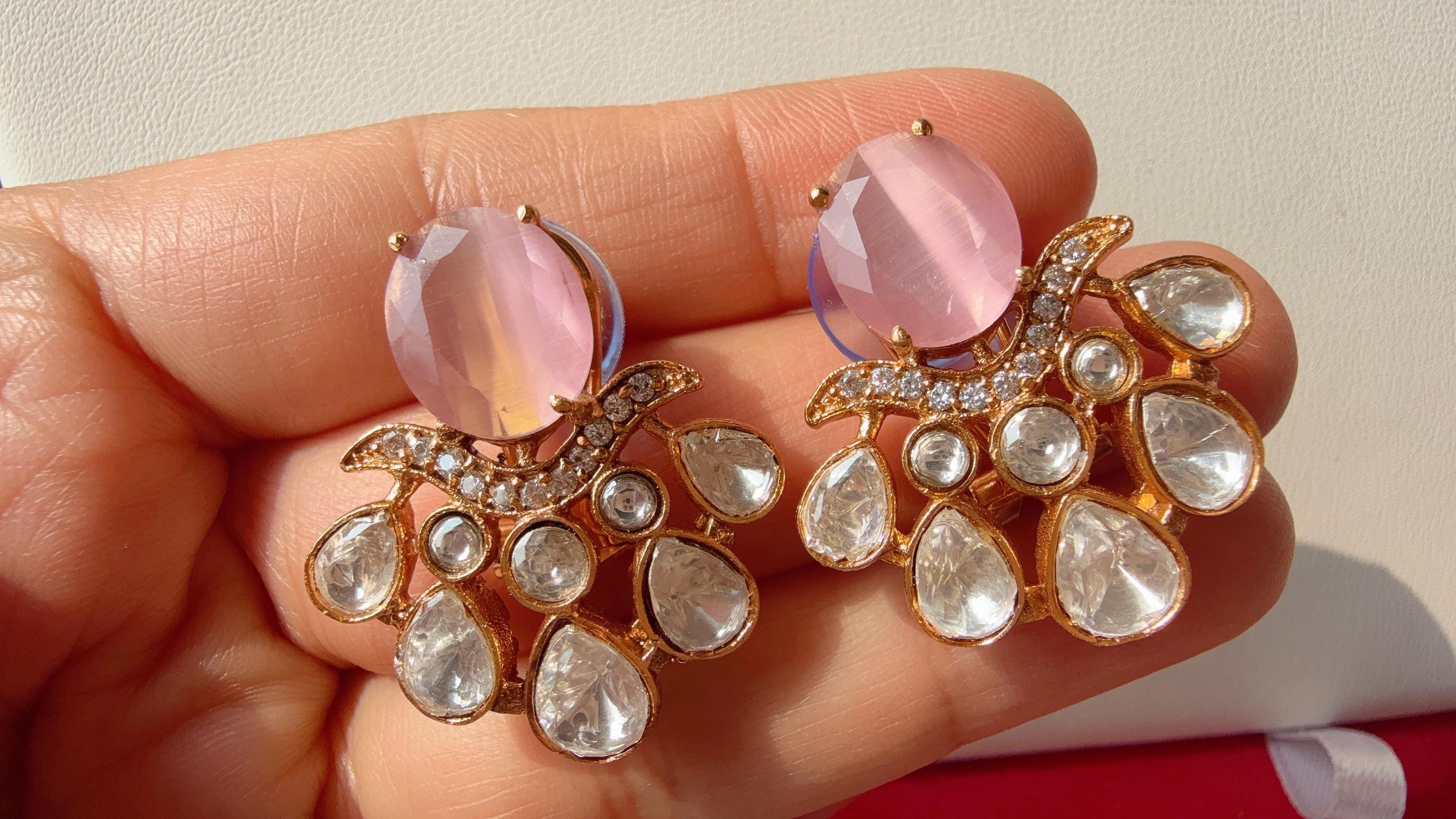 Baby pink doublet Stone stud Earrings/Moissanite diamond Kundan Studs /Indian Jewelry /Statement Stud Earring/