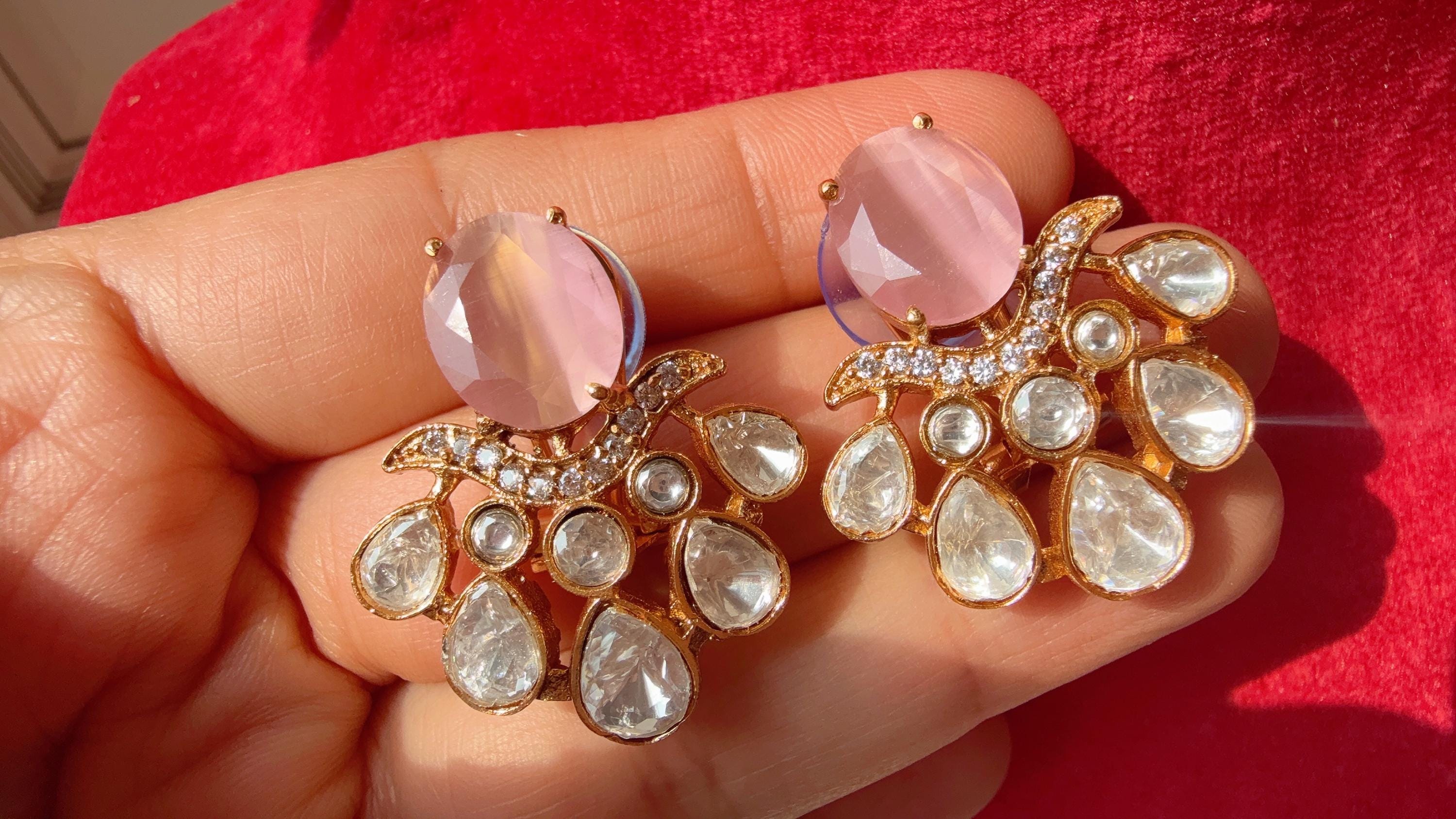 Baby pink doublet Stone stud Earrings/Moissanite diamond Kundan Studs /Indian Jewelry /Statement Stud Earring/
