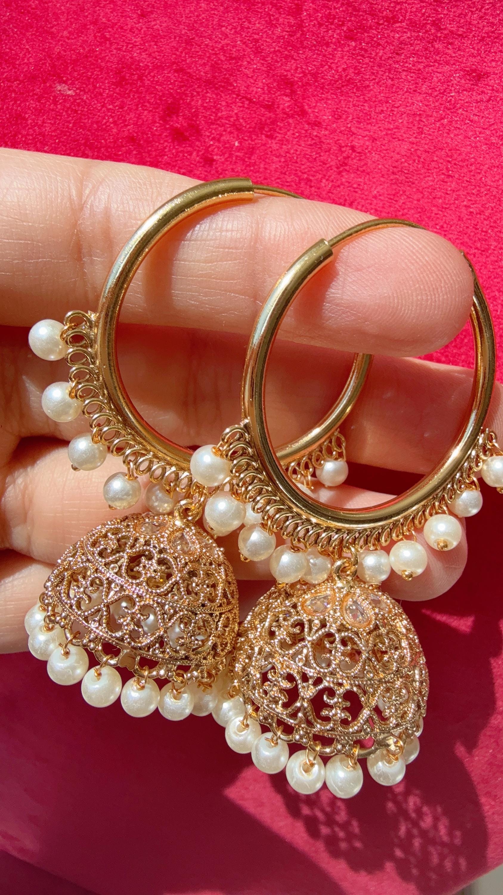 Kundan Polki gold hoops Earrings/ Punjabi Bali Hoops /Indian Earrings/ Indian Wedding Sangeet Jewelry / Kundan Jhumka //Bridesmaid Jewelry