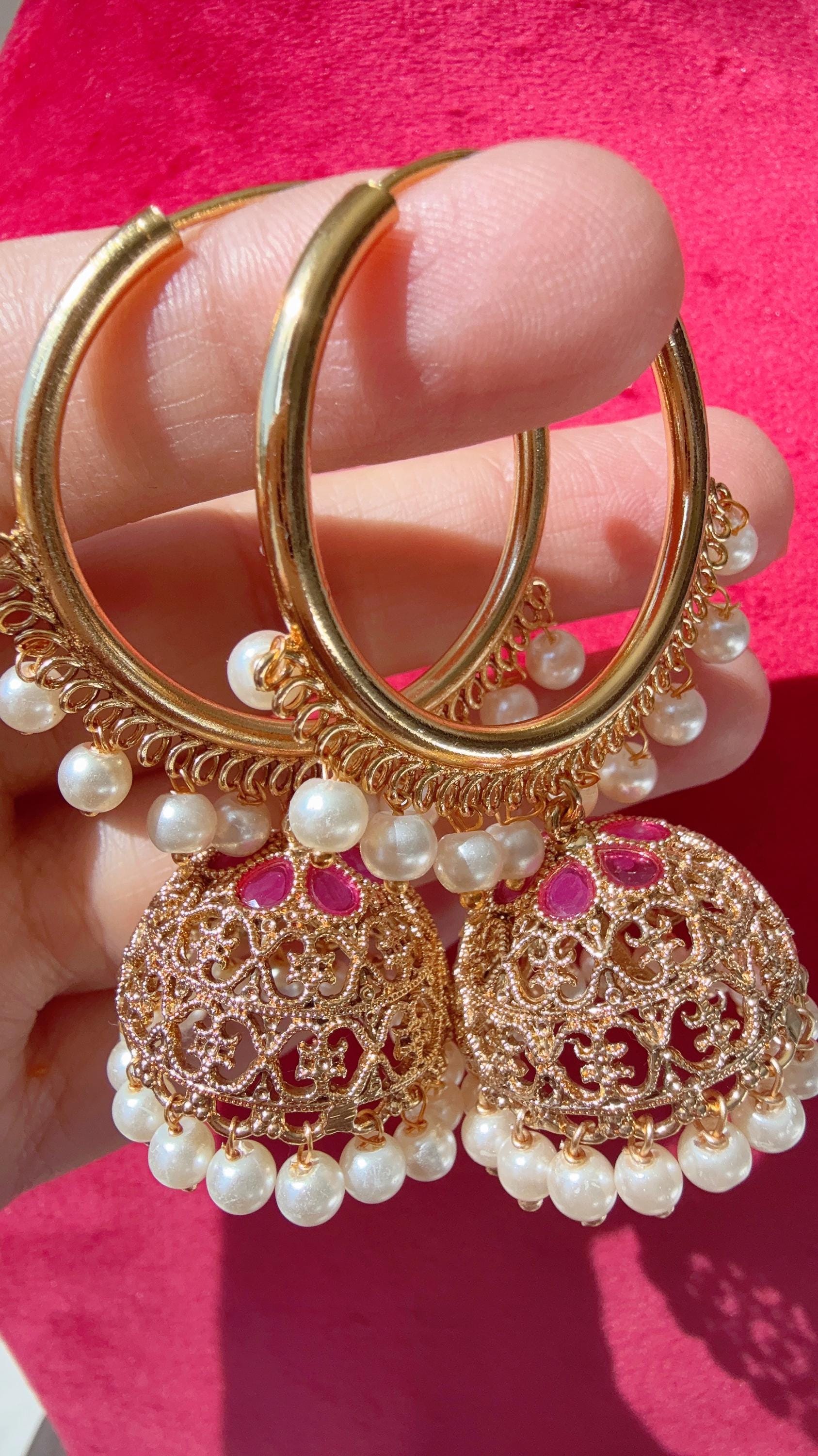 Kundan Polki hoops rani pink Earrings Punjabi Bali Hoops /Indian Earrings/Indian Wedding Sangeet Jewelry /Kundan Ruby Jhumka