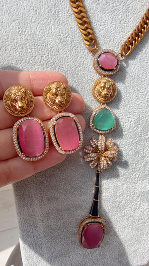 Sabyasachi-Inspired Mint pink long chain Necklace Set/Kundan Stone long Necklace/ Indian Bridal Jewelry