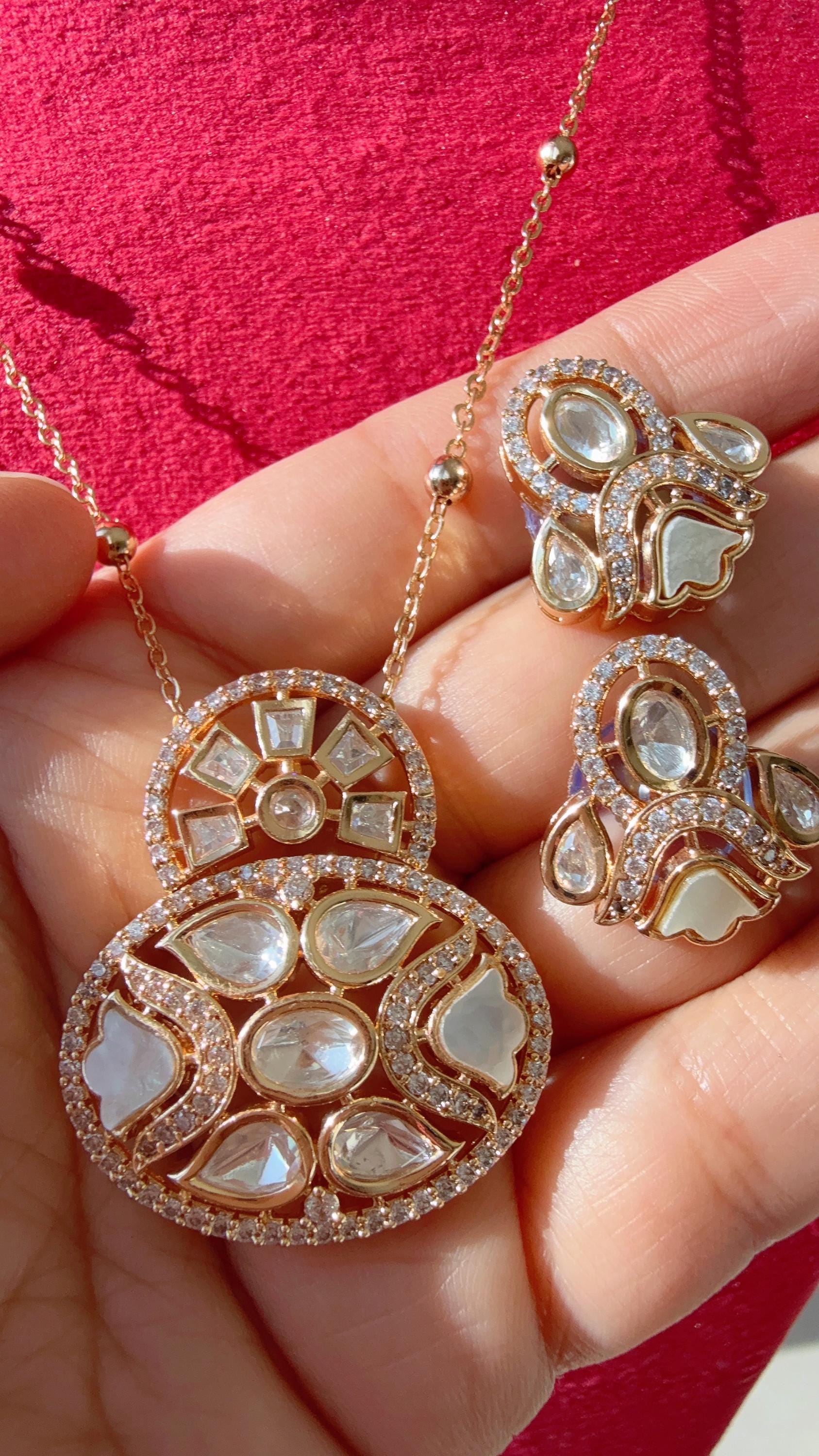 Moissanite chain pendant necklace Set/diamond pendant set / Indian wedding Jewelry/Moissanite Kundan Jewelry