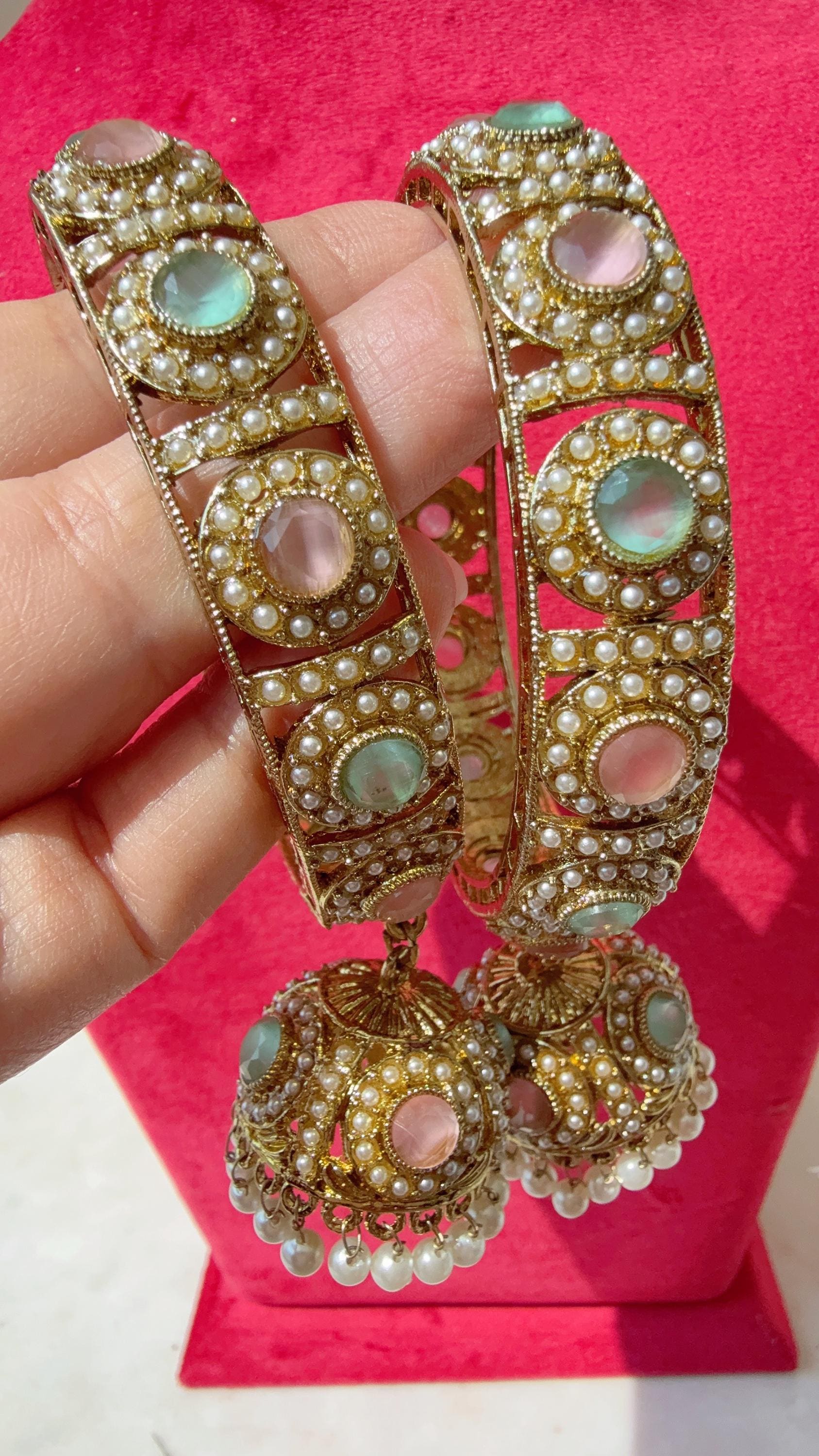 Antique polki kundan Mint baby pink jhumka kada pair / kada Bangle set/ Wedding Bangles/Mix n Match bangles/Indian jewelry