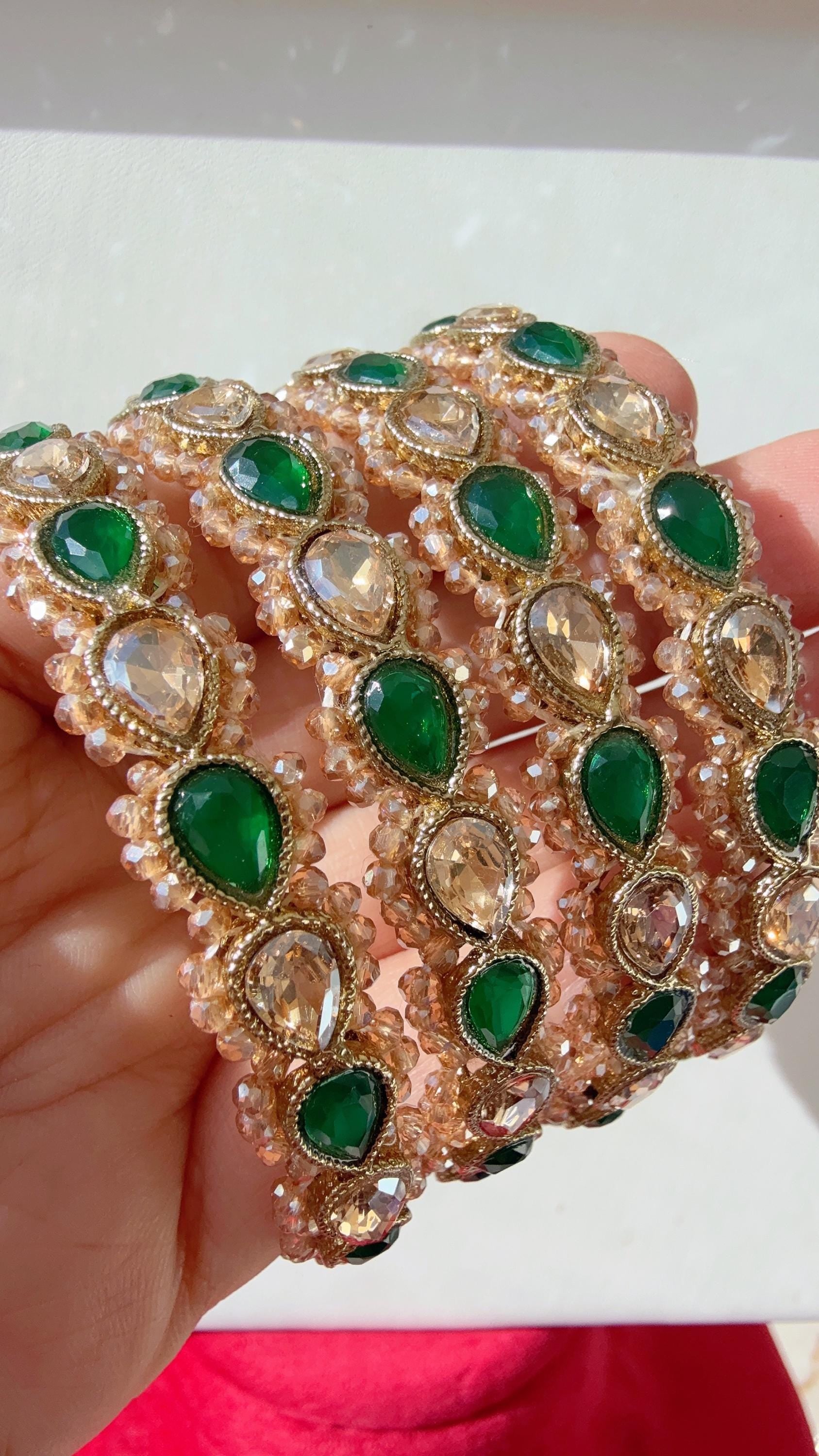 Green Kundan Bangles/Polki Kundan Pearl Bangles Set(4 Pc) /Indian Jewelry/ mint pink Kundan Bangles/Green bangles/Indian Bangles