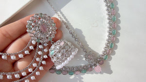 Mint pink polki kundan necklace n Tikka set /silver polki Kundan bahubali t Earrings Set With detachable Ear chain Sahare