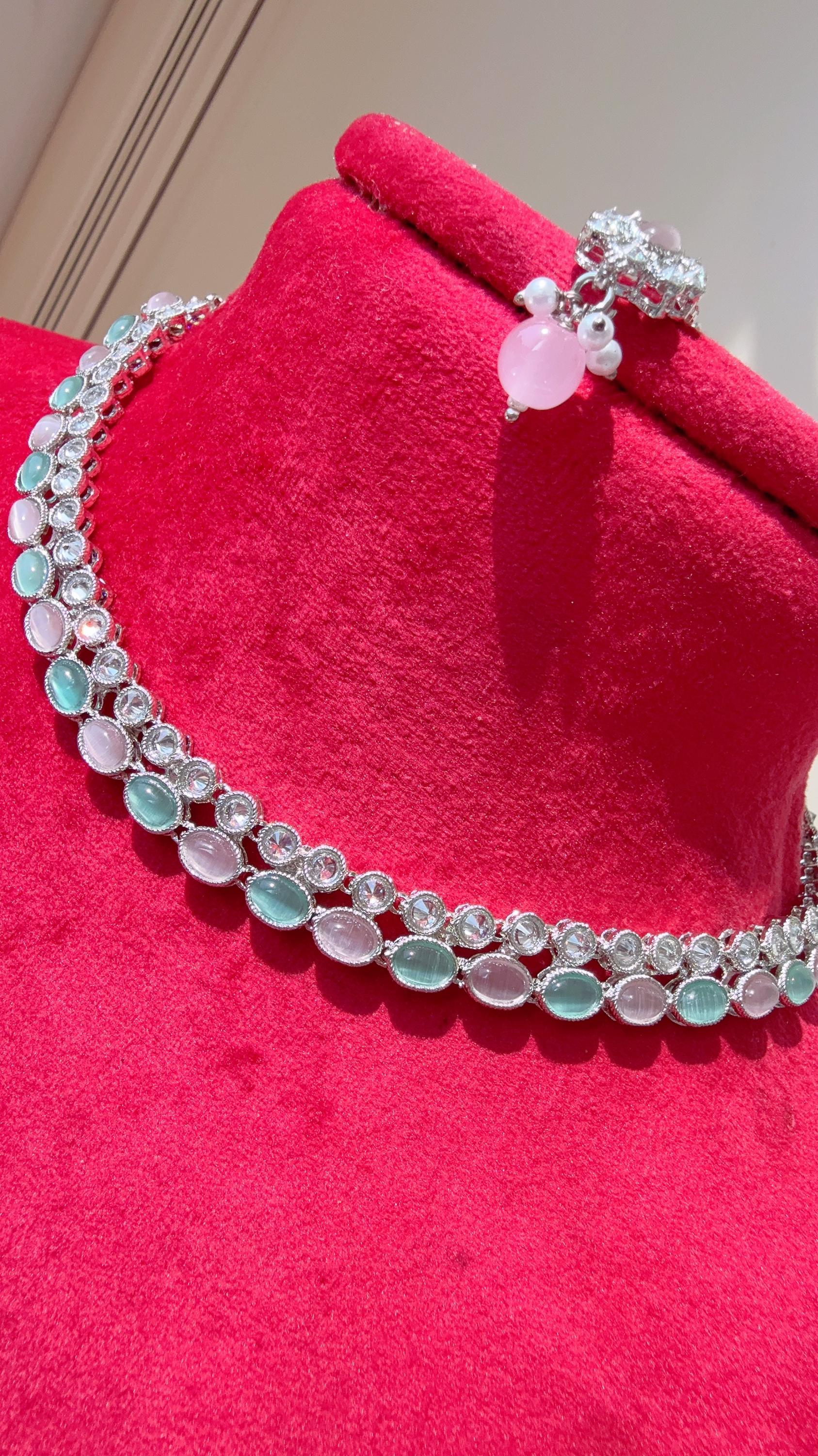 Mint pink polki kundan necklace n Tikka set /silver polki Kundan bahubali t Earrings Set With detachable Ear chain Sahare