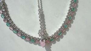 Mint pink polki kundan necklace n Tikka set /silver polki Kundan bahubali t Earrings Set With detachable Ear chain Sahare