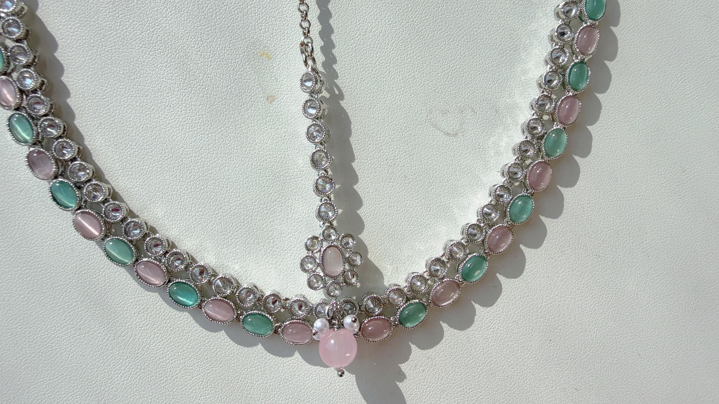 Mint pink polki kundan necklace n Tikka set /silver polki Kundan bahubali t Earrings Set With detachable Ear chain Sahare