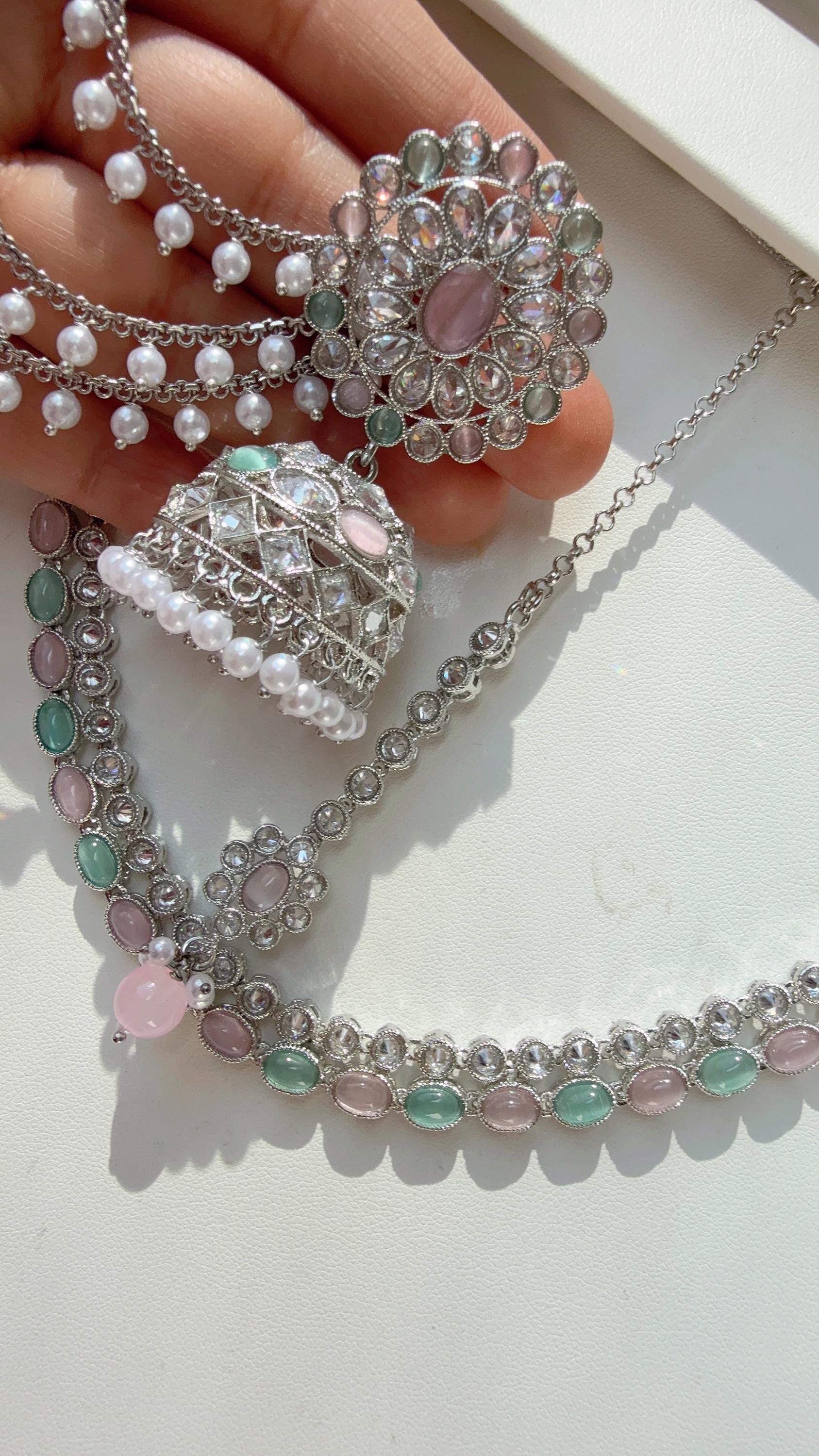 Mint pink polki kundan necklace n Tikka set /silver polki Kundan bahubali t Earrings Set With detachable Ear chain Sahare