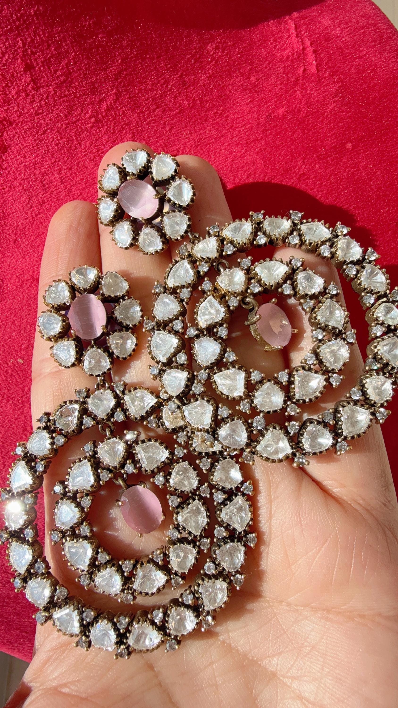 Baby pink diamond Moissanite kundan chandbali Earrings/Elegant Statement Jewelry/ Moissanite chand bali Earrings/Bridal Diamond earrings