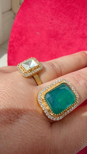 Kundan Moissanite Emerald green diamond Ring/Adjustable Ring/Double Finger Kundan Ring /Indian Wedding jewelry/Two Finger Kundan ring