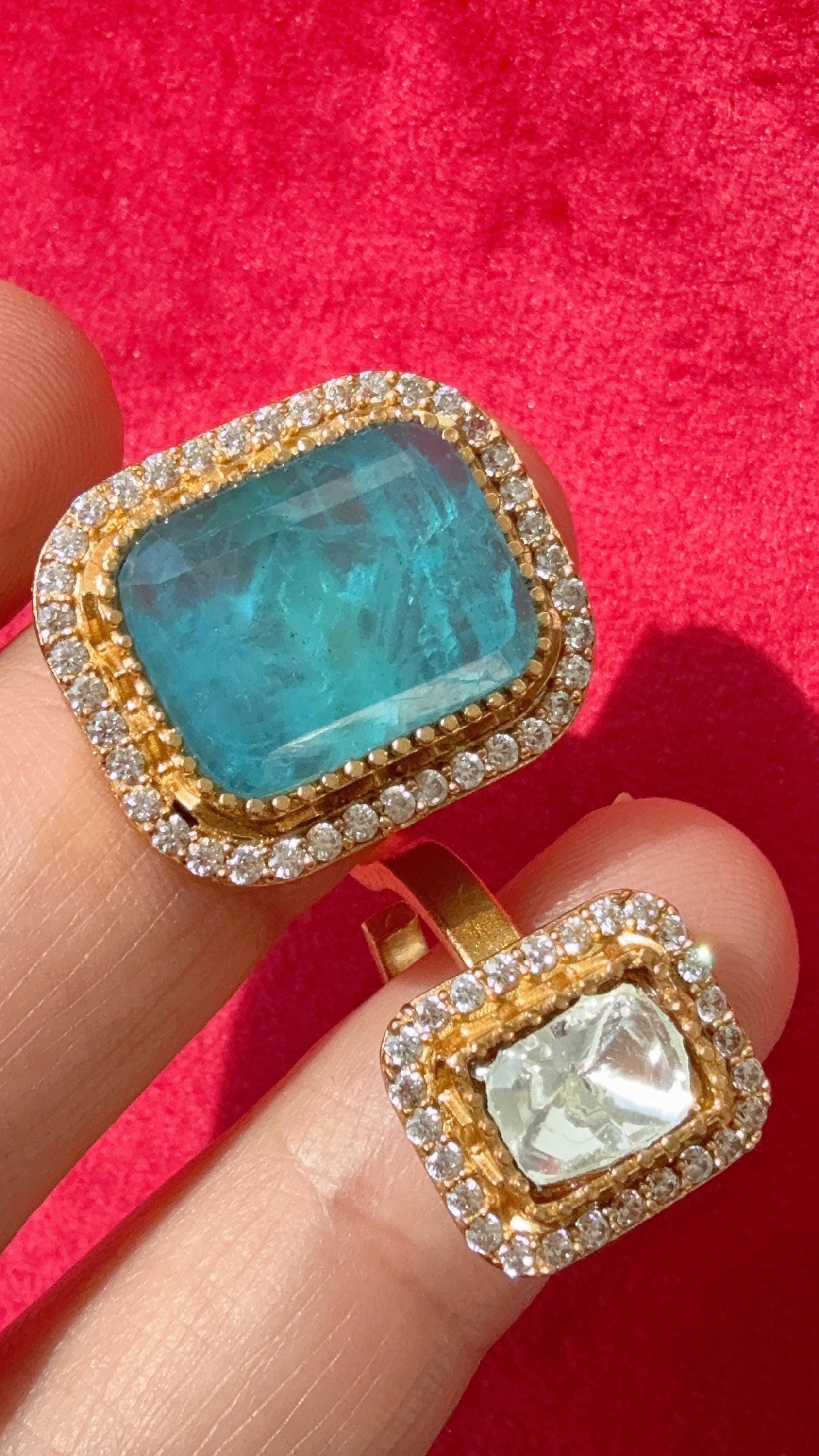 Kundan Moissanite doublet Firoza Turquoise diamond Ring/Adjustable Ring/Double Finger Kundan Ring /Indian Wedding jewelry/ Kundan ring