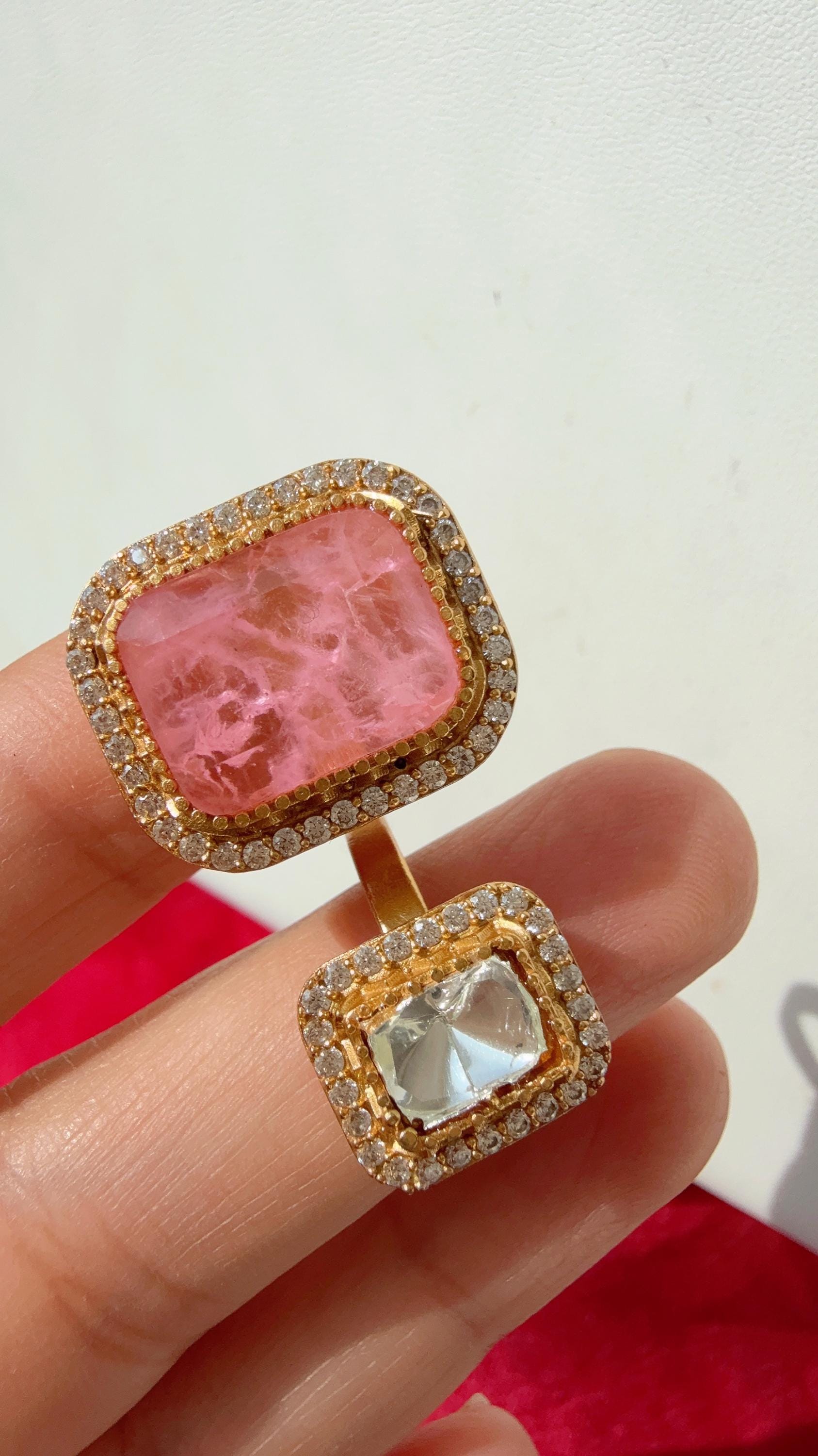 Kundan Moissanite doublet Baby pink diamond Ring/Adjustable Ring/Double Finger Kundan Ring /Indian Wedding jewelry/ Kundan ring