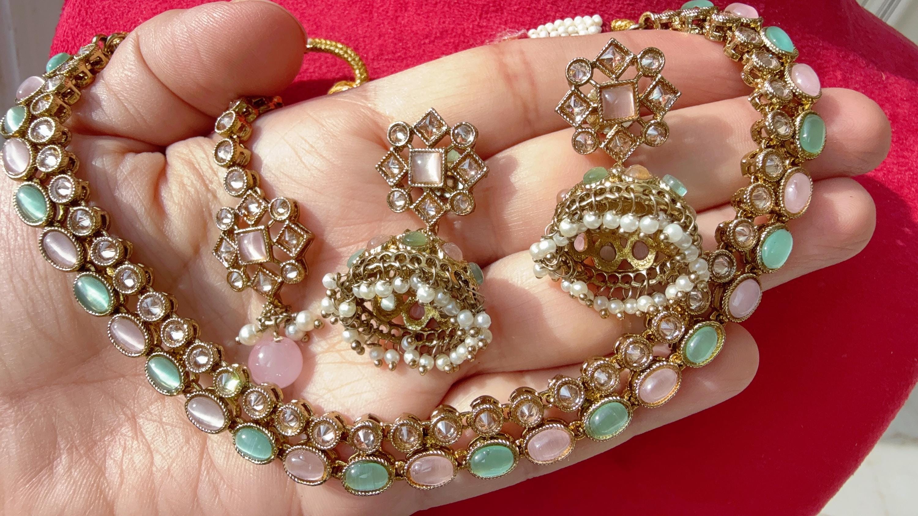 Antique Polki Kundan Mint pink necklace with earrings and Tikka /Wedding necklace/Bridal necklace/Indian necklace/Indian jewelry/