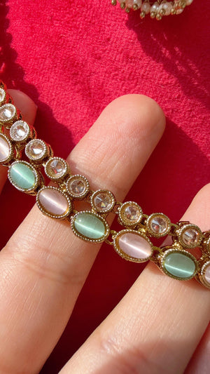Antique Polki Kundan Mint pink necklace with earrings and Tikka /Wedding necklace/Bridal necklace/Indian necklace/Indian jewelry/