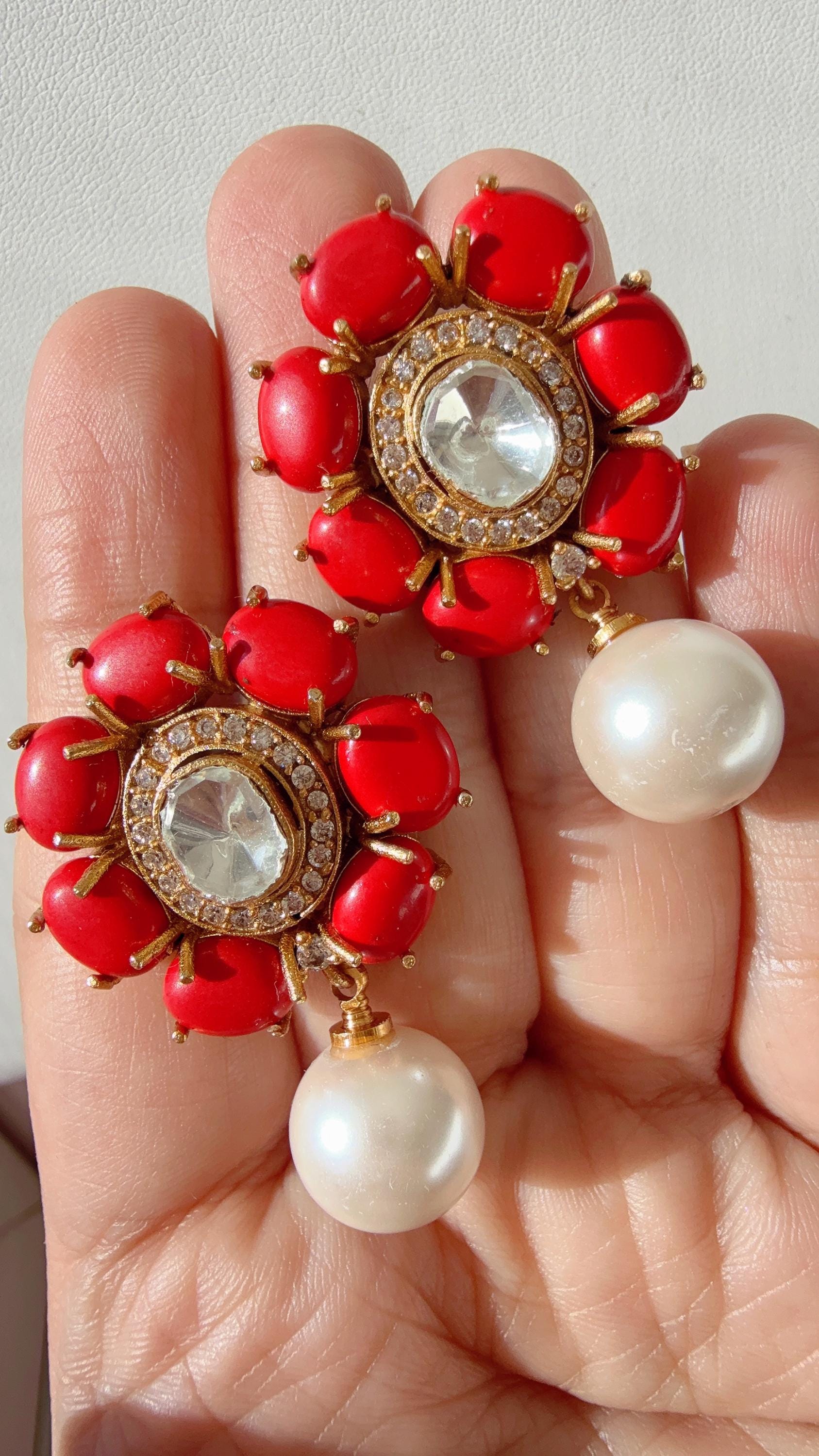 Coral precious Stone stud Earrings/Moissanite diamond Kundan Studs /Indian Jewelry /Statement Stud Earring/