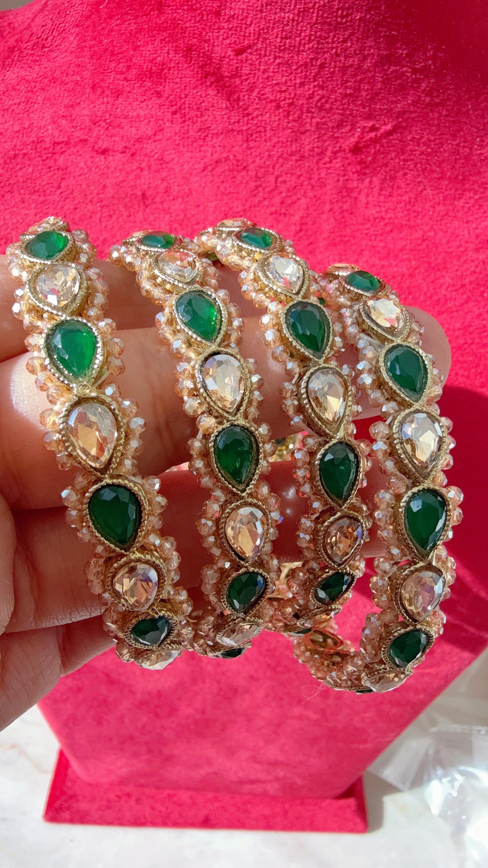 Green Kundan Bangles/Polki Kundan Pearl Bangles Set(4 Pc) /Indian Jewelry/ mint pink Kundan Bangles/Green bangles/Indian Bangles