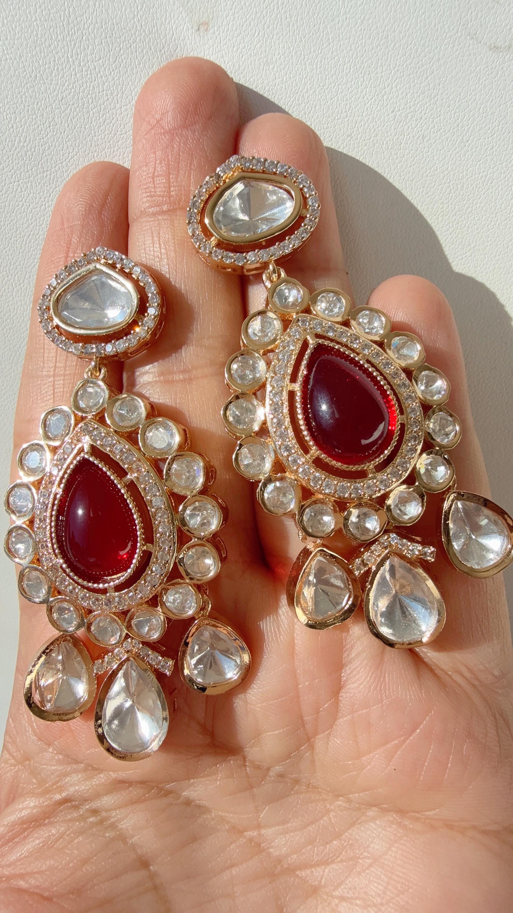 Sabyasachi-Inspired Moissanite kundan Earrings/Elegant Statement Jewelry/Ruby diamond Moissanite Earrings/Bridal Diamond earrings