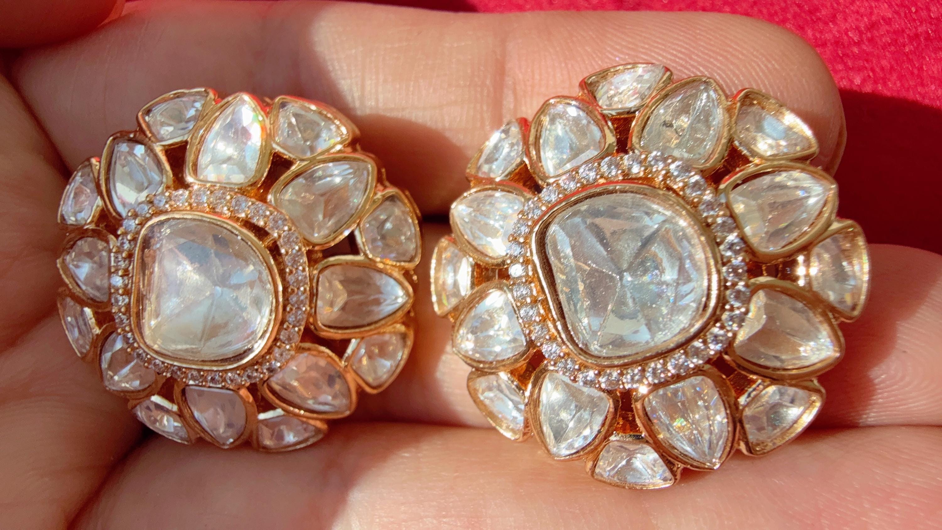 Gold Moissanite diamond next to real Kundan Studs /Indian Jewelry /Statement Stud Earring/Kundan Stud Earrings/Cz Studs/Diamond gold tops