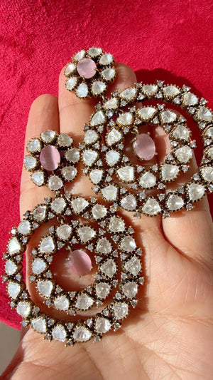 Baby pink diamond Moissanite kundan chandbali Earrings/Elegant Statement Jewelry/ Moissanite chand bali Earrings/Bridal Diamond earrings