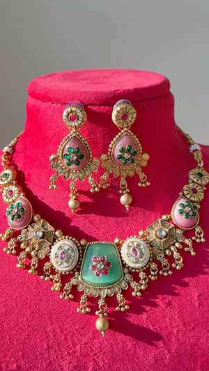 Heritage inspired Kundan Mint Pink Stone Necklace Set //Kundan Heritage Necklace Set//Bridal Mint pink necklace