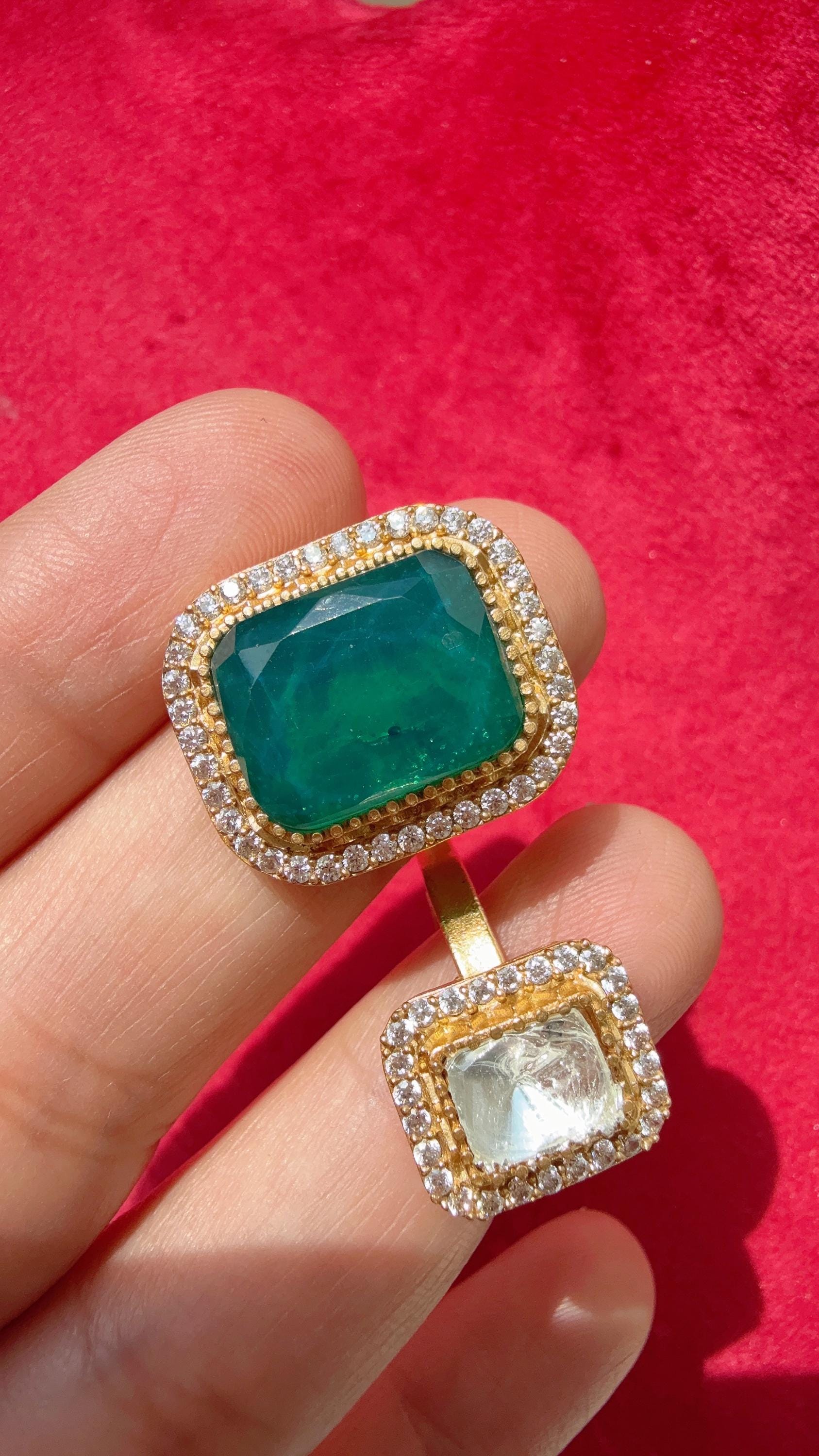 Kundan Moissanite Emerald green diamond Ring/Adjustable Ring/Double Finger Kundan Ring /Indian Wedding jewelry/Two Finger Kundan ring
