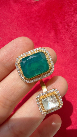 Kundan Moissanite Emerald green diamond Ring/Adjustable Ring/Double Finger Kundan Ring /Indian Wedding jewelry/Two Finger Kundan ring