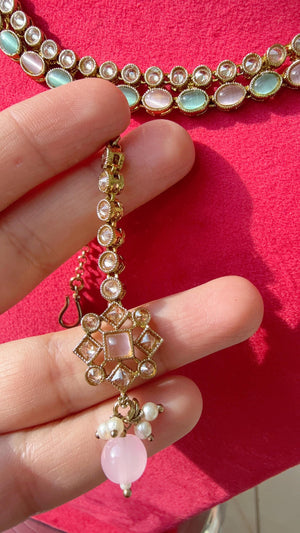 Antique Polki Kundan Mint pink necklace with earrings and Tikka /Wedding necklace/Bridal necklace/Indian necklace/Indian jewelry/
